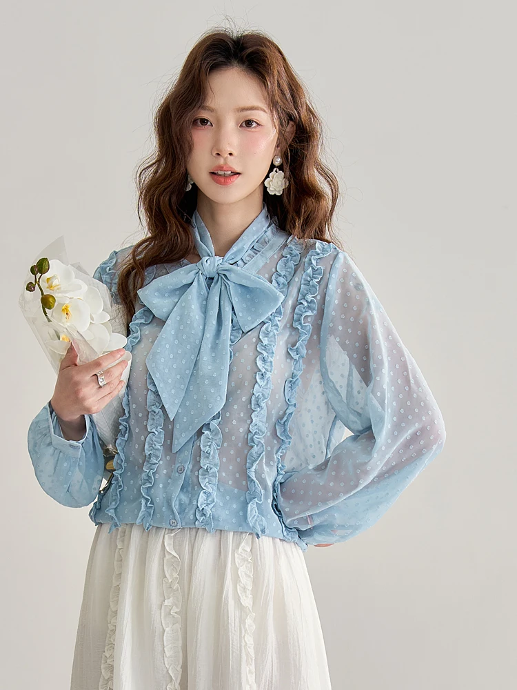 

Lycheerose Blue Polka Dot Chiffon irt Women's Spring Unique Beautiful Top Button up Knot Loose Fit Bubble Sve