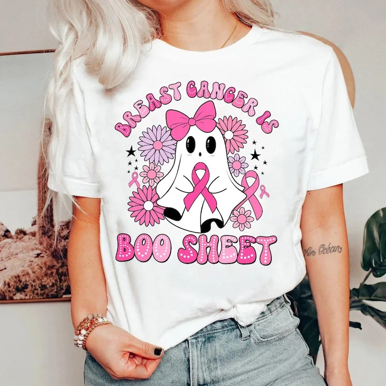 Breast Cancer Is Boo Sheet Cute Ghost Coquette Fight Halloween Breast Cancer  Aesthetic Clothes Pink Print Women Clothing Cotton