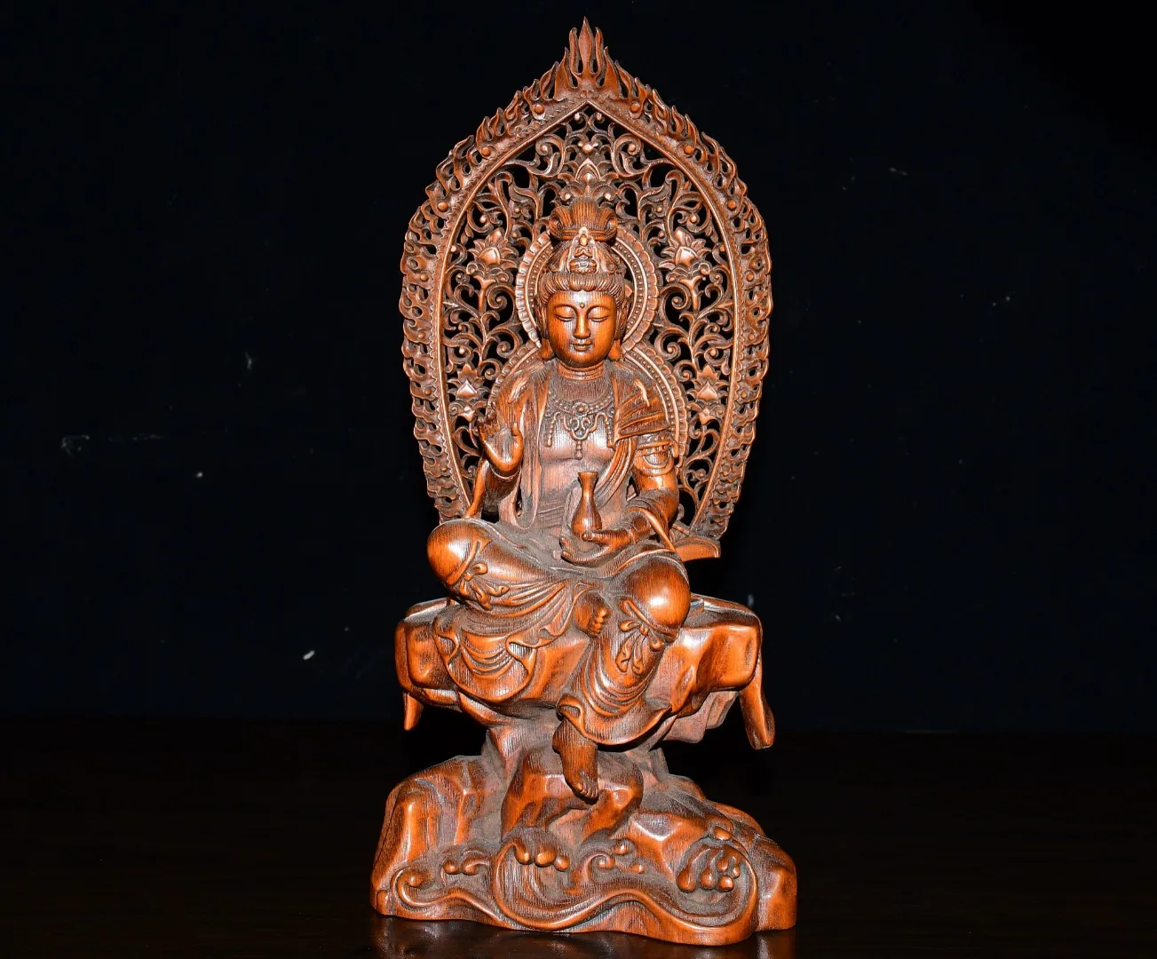 

10"Xizang Folk Old Boxwood washing bowl Guanyin Bodhisattva Sitting Buddha Backlit Buddha Platform lWorship Hall