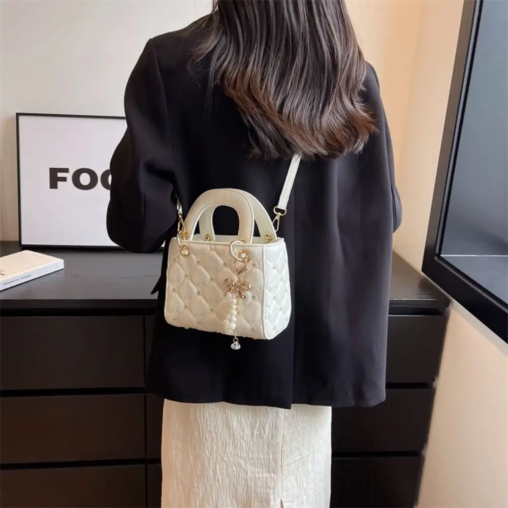 Fashion PU Shoulder Bag Argyle Pearl Tassel Crossbody Bag Simple Large Capacity Tote Bag Shopping Bags for Women Girls