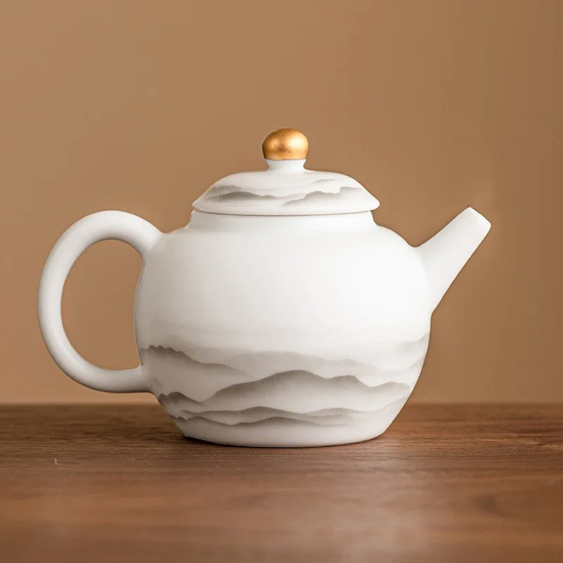 Ink Landscape White Jade Teapot High-End Single Teapot Chinese Kung Fu Tea Set Plain White Porcelain Pear-Shaped Pot Tea Kettle