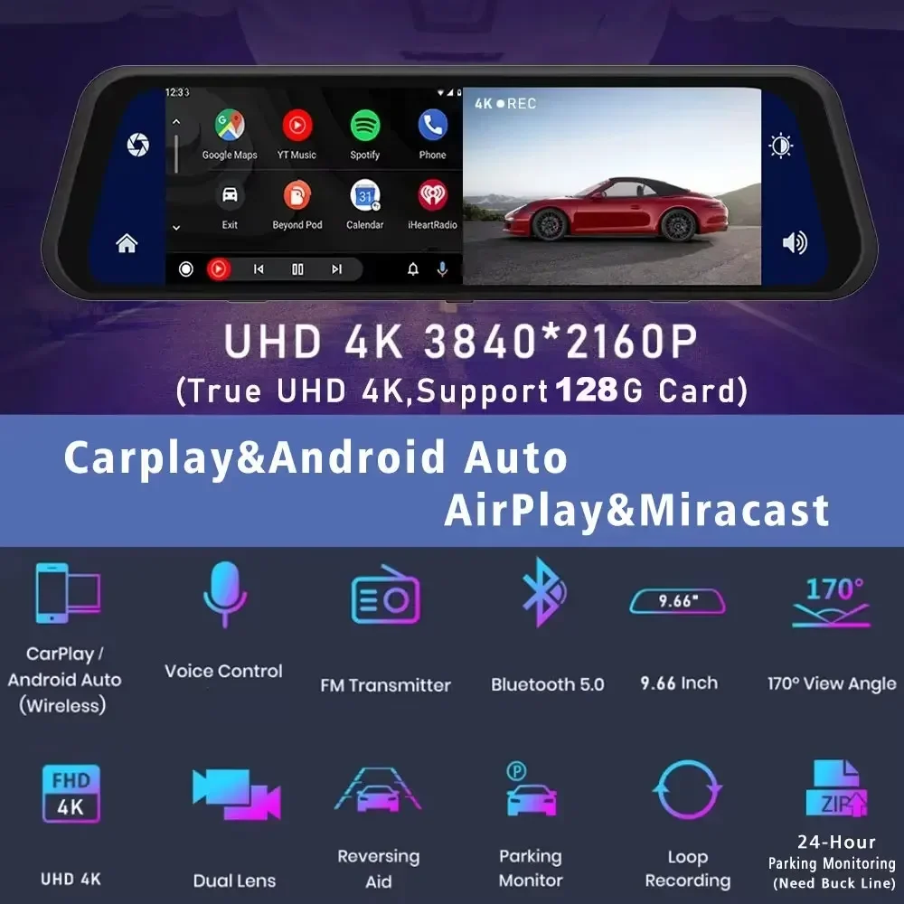 UHD 4K Mirror Dual Lens Camera Car DVR Carplay & Android Auto Wifi Dash Cam Touch Screen Video Recorder Rearview Drive Dashcam