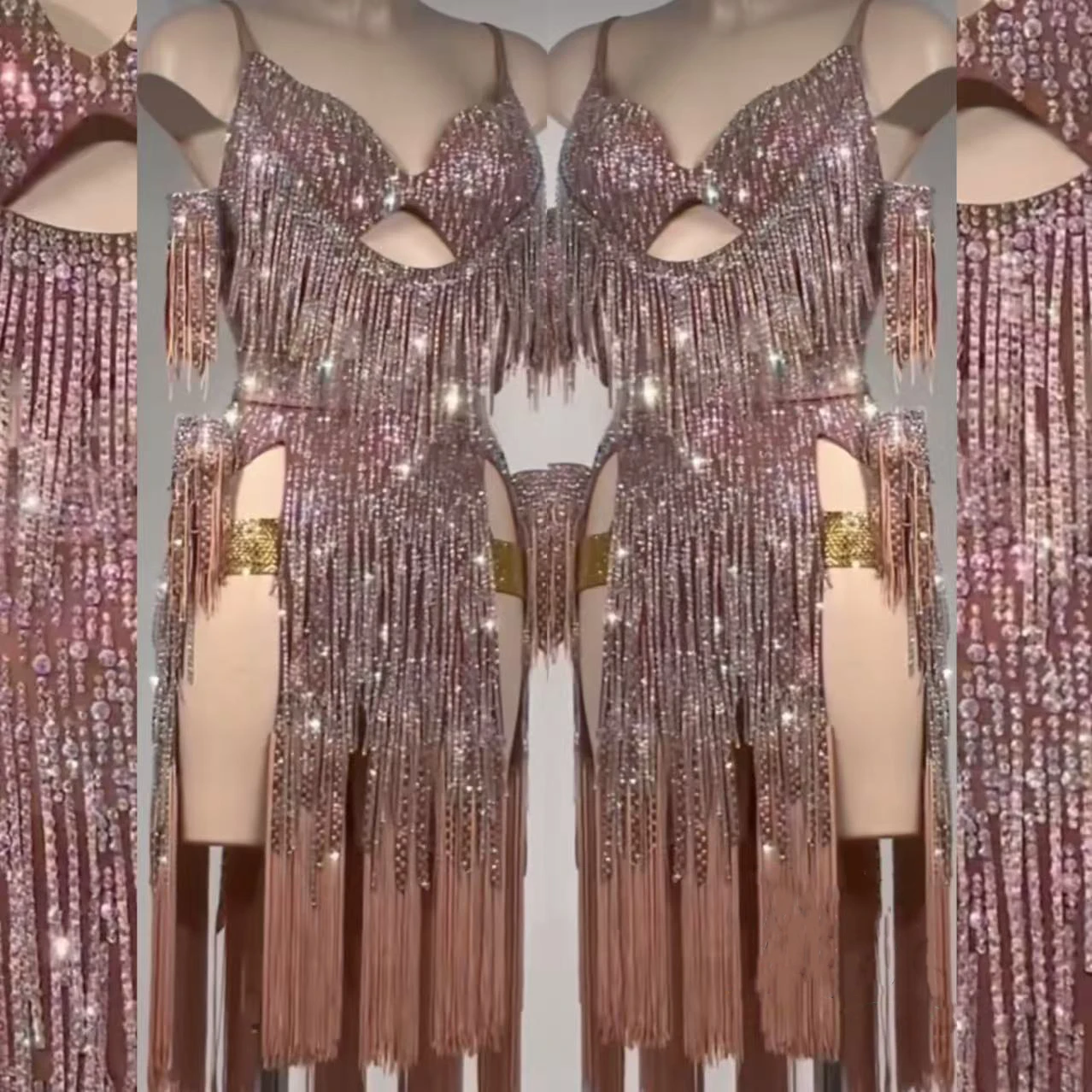 

Latin Dance AB Stone Female Adult Children High end Customized Coffee Powder Tassel Black Pool Samba Performance Dress