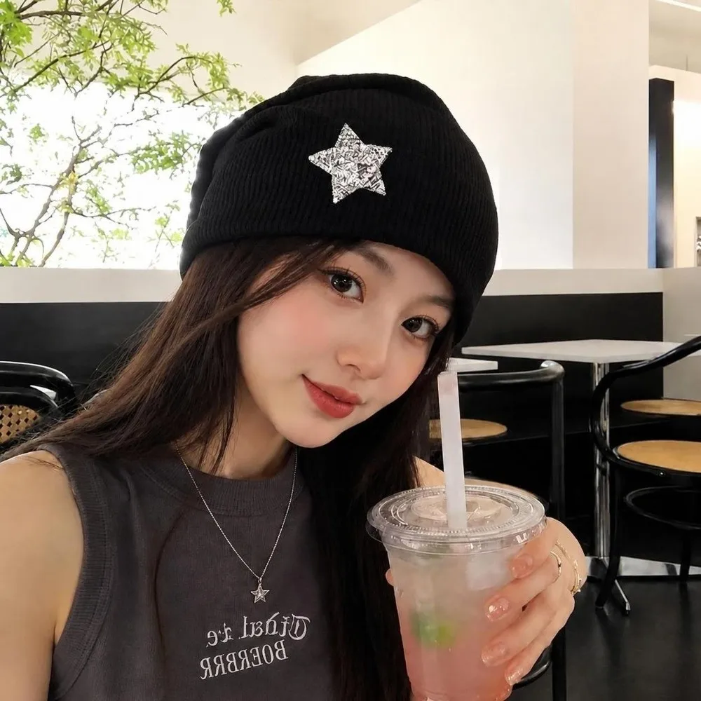 Bling Bling Decor Star Beret Hat Ear Protection Brimless Star Beanie Cap Warm Knit Elastic Slouchy Skull Cap Outdoor Casual