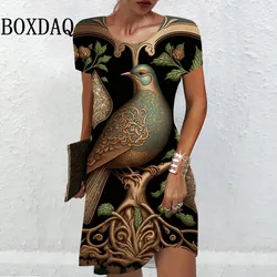 Vintage Art Women 3D Birds Print Dress Summer Short Sleeve Loose Mini Dress Casual Pullover Ladies Retro Clothing New Sundress