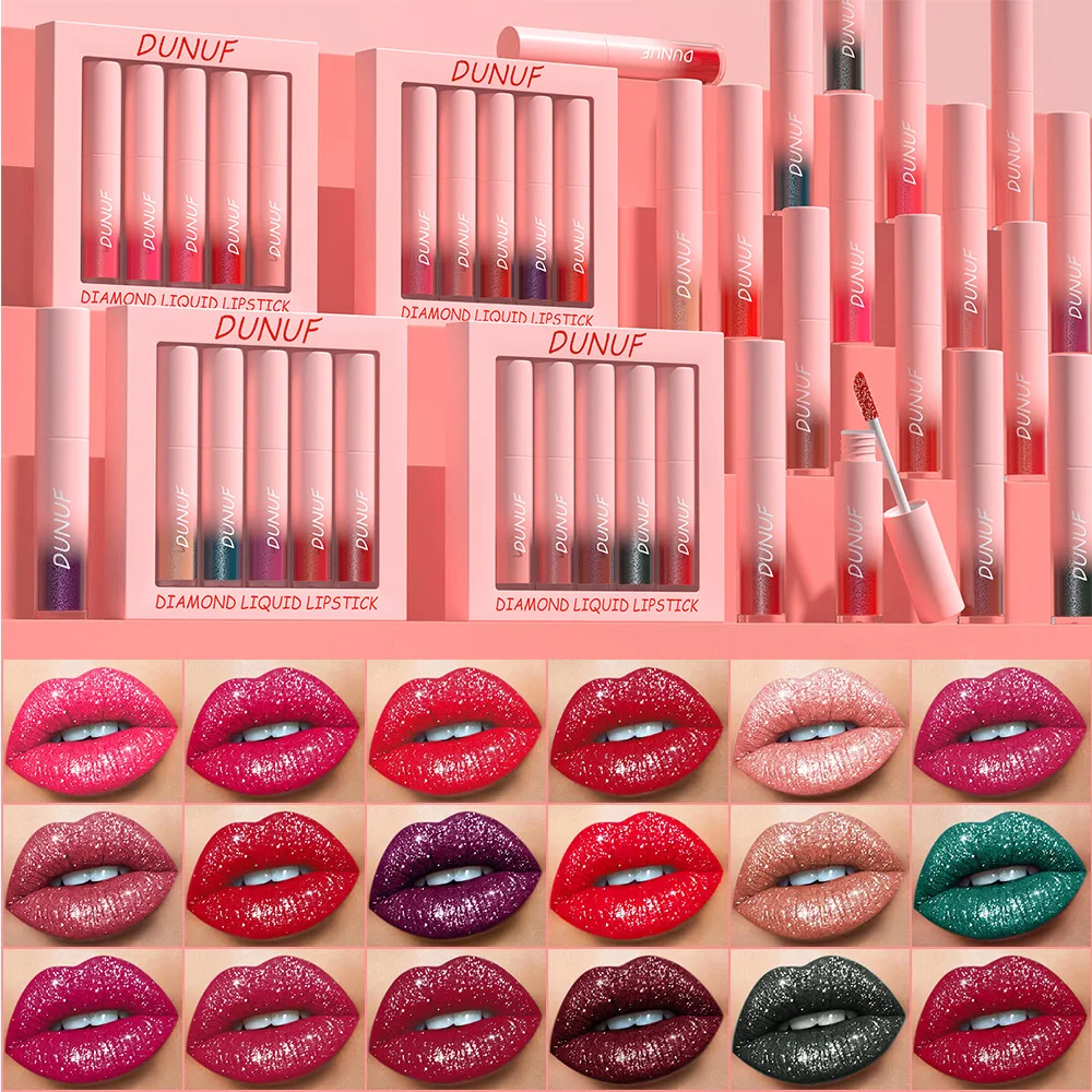 5 Farben/Set Diamant flüssigen Lippenstift bilden feuchtigkeit spendende dauerhafte lila funkelnde wasserdichte Glitzer Lip gloss Lippenstift Make-up