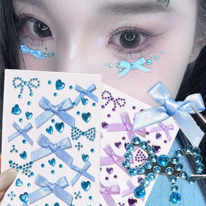 Makeup Face Stickers Rhinestone 3D Ribbon Bow Temporary Tattoo Jewelry Halloween Party Festival Stickers DIY Eye Body Art Decor