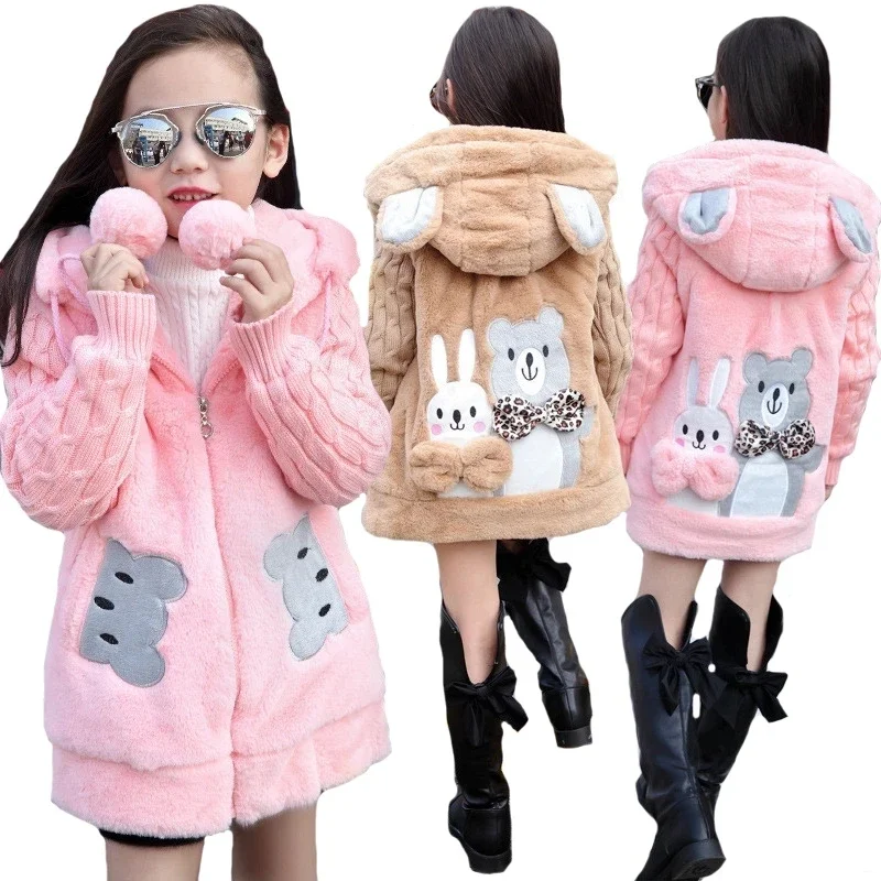 Thick Keep Warm Winter Girls Jacket Big Size Bear Hooded Knitting Sleeve Plush Outerwear For Kids Teenager Long Windbreaker Coat