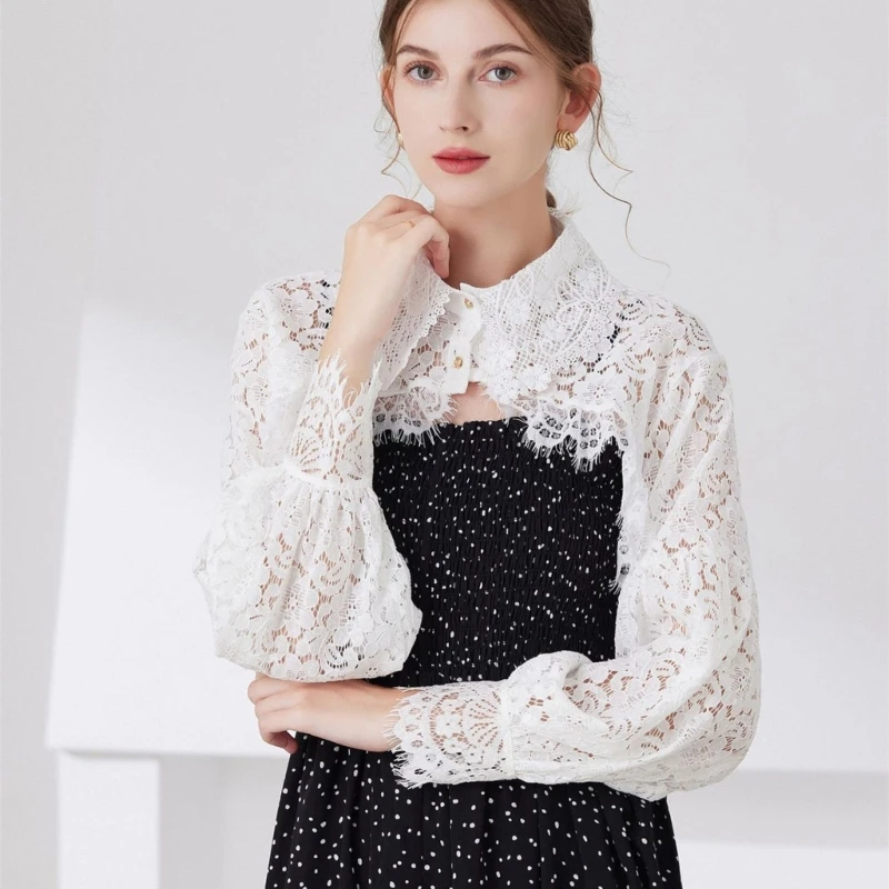 Fake Collar Long Sleeve Lace Half Blouse Open Front Cropped Cardigan Shrugs for Women False Collar Shirts Attachment