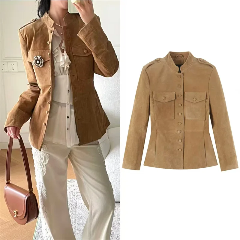 Guobioziy Women's Jacket 2026 Autumn/Winter New Camel Long Sleeve Pocket Slim Faux Leather Parka Personalized Fashion