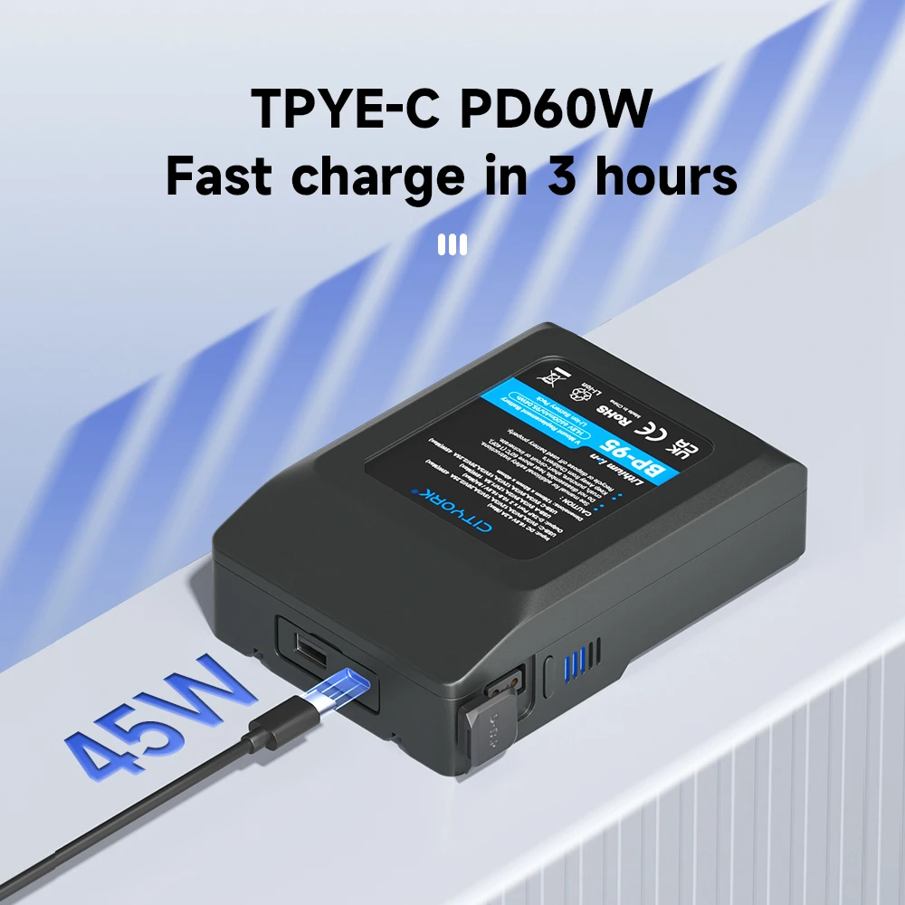 BP-95 Mini V-Mount Akku 6600mAh 95Wh mit PD 60W USB-C Schnellladung für DSLR-Kamera, Camcorder, Monitor, Videobeleuchtung