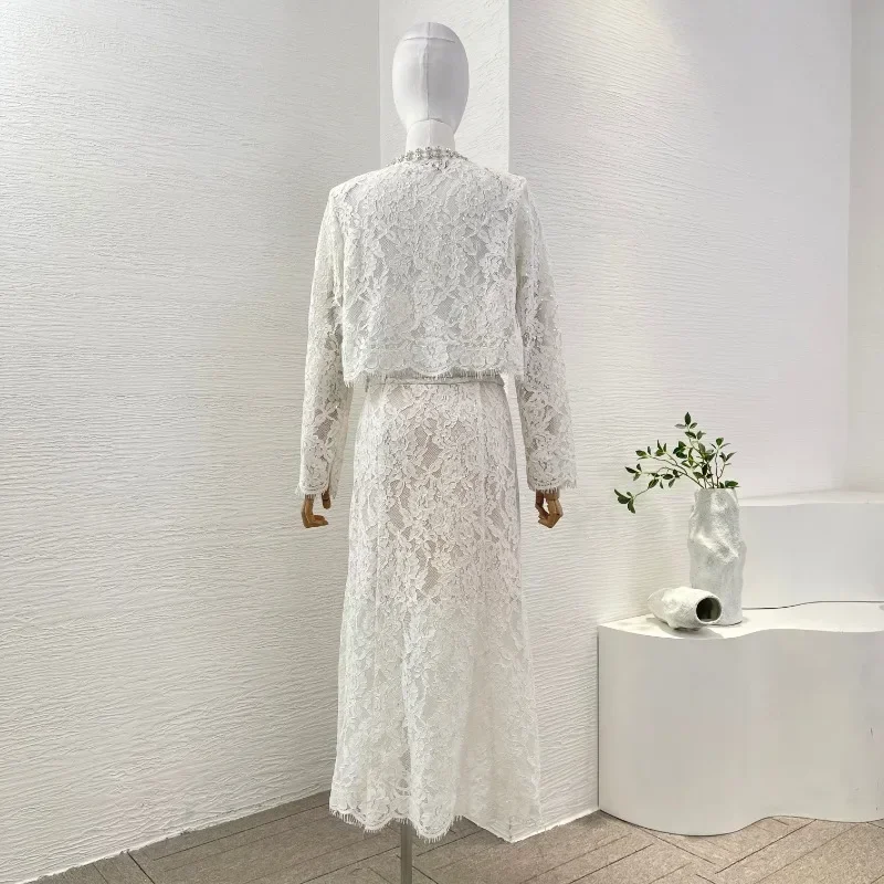 سترة علوية وتنورة امرأة 2 قطعة مجموعة الزي 2025 جديد جميل أبيض طويل الأكمام الدانتيل المرقعة الماس #4