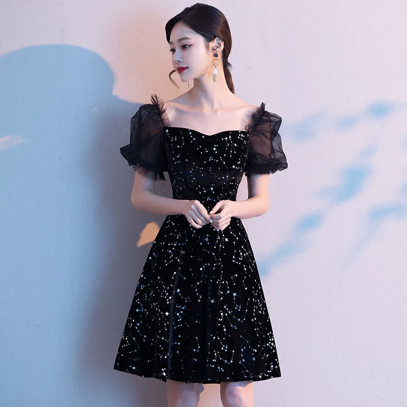 DongCMY Luxury Black Evening Dress 2024 New Black Temperament Small Celebrity Dress Banquet Short Skirt