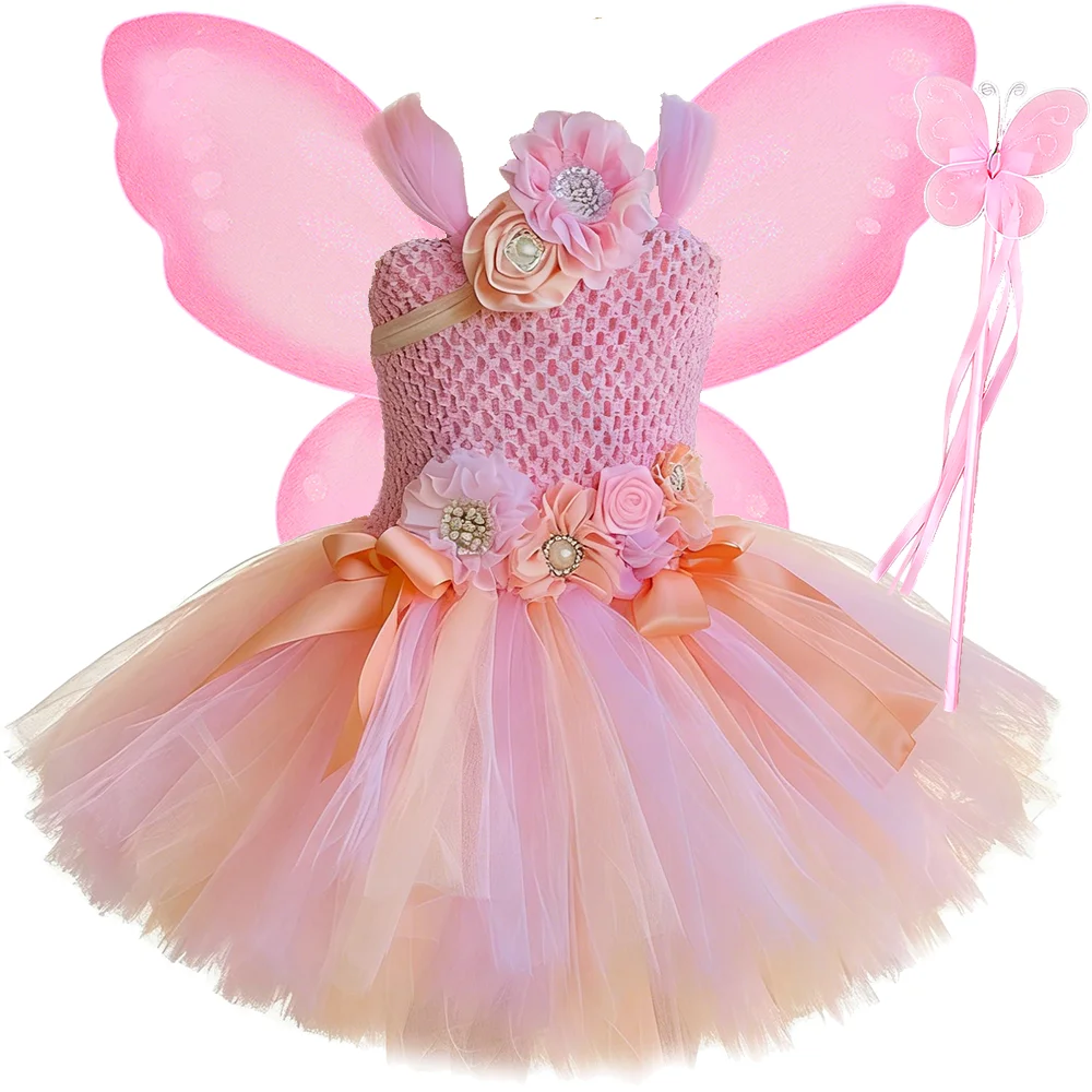 Pink Flower Fairy Princess Costumes Girls Butterfly Fairy Tutu Dress with Wings Wand Hairband Kids Woodland Elf Dress Up Outfit