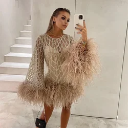 O-Neck Sequined Long Sleeve Feathers Mini Skirt Special Occasion Sexy Prom Dresses Above Knee Luxury Women Evening Dress