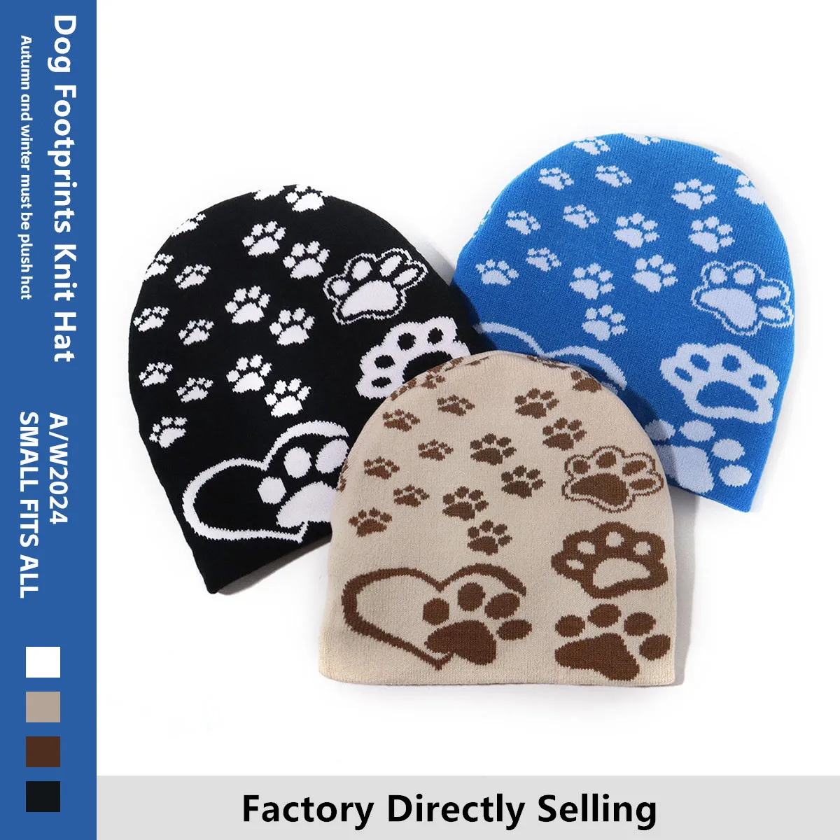 Cute Dog Paw Print Knitted Hat Double Side Pattern Men Women Warm Beanies Cap Europe and America Winter Cold-proof Ski Bonnet