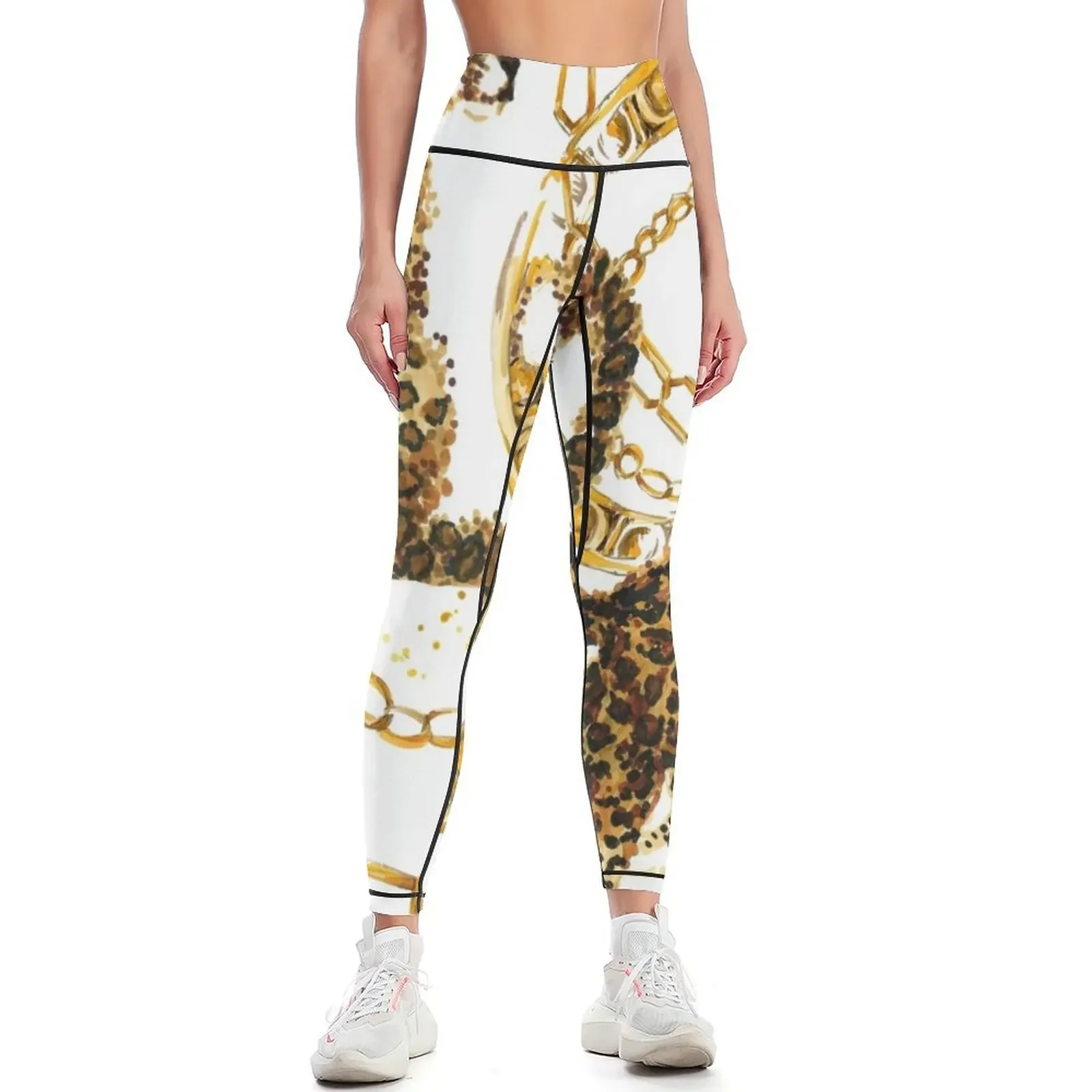 

golden leopard baroque seamless pattern. Watercolor vintage gold lace ornament. luxury textile print Leggings