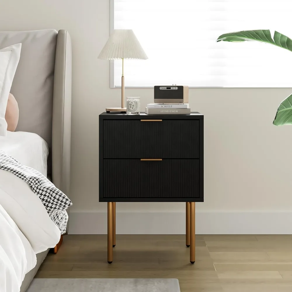 

Nightstand,Mid-Century Modern Bedside Table with 2 Storage Drawer,Small Gold Frame Side End Table for Bedroom,Living Room, Black