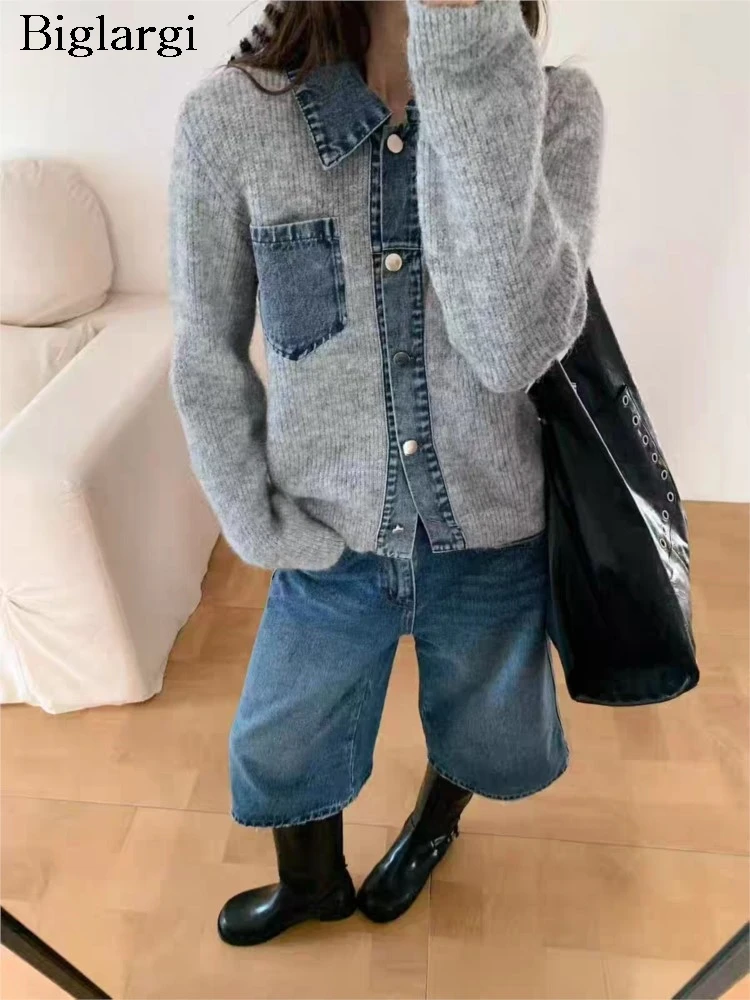 

Knitted Autumn Winter Cardigan Women Denim Patchwork Fashion Ladies Cardigans Casual Loose Woman Sweater Coats