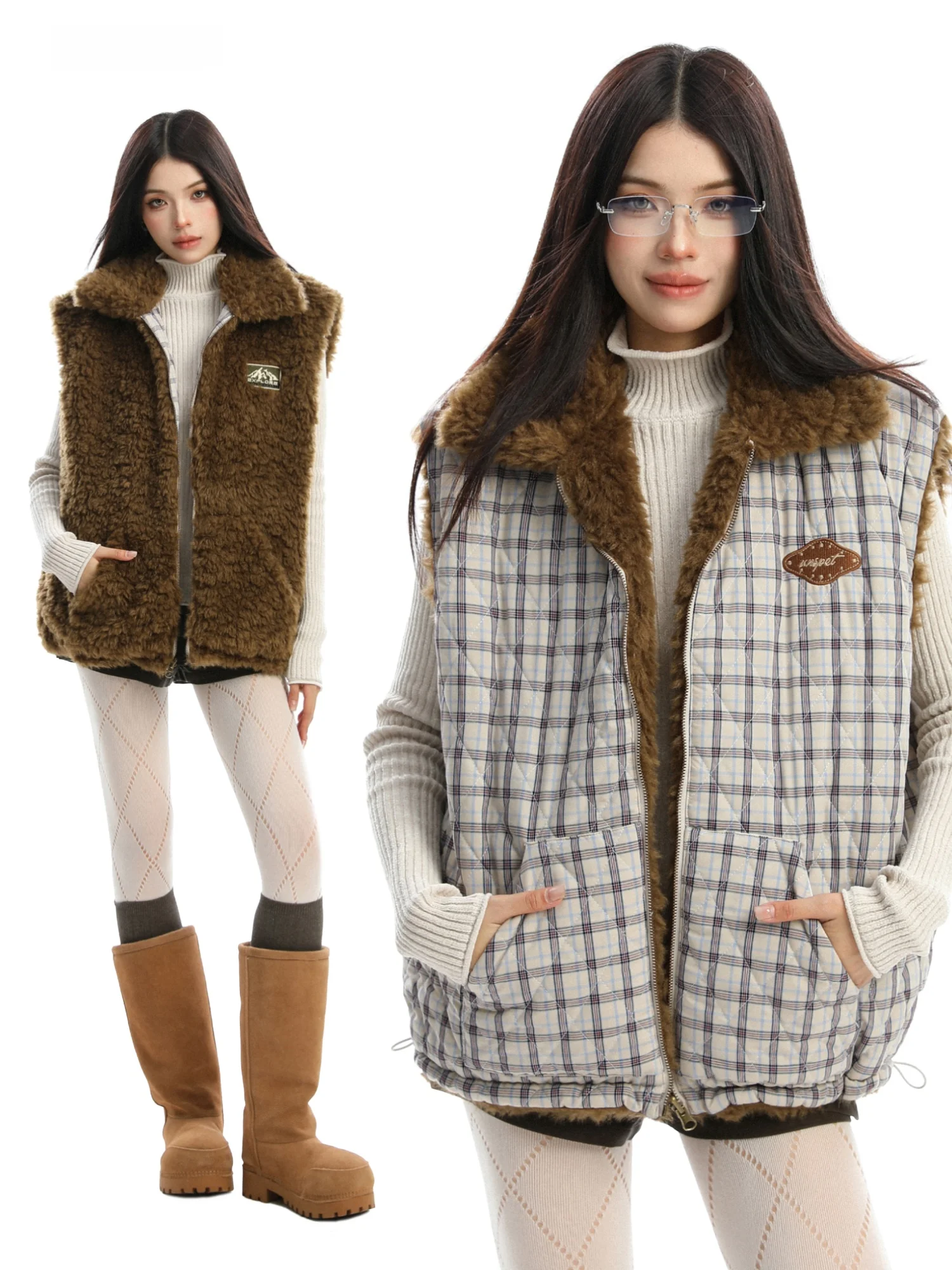 

Утепленный двусторонний жилет из хлопка с клетчатым узором и ворсом под овчину для женщин, зимнее теплое пальто-куртка на молнии, стандартная длина, для повседневной носки