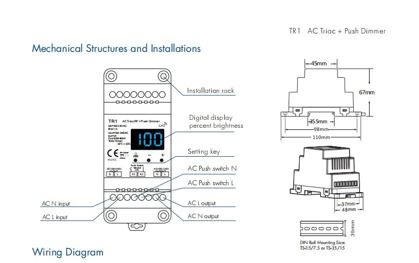 TR1 LED Triac RF Push Dimmer AC220V Input High Voltage AC100-240V Output 1CH To Dim Trailing Edge Dimming Din Rail Triac Dimmer