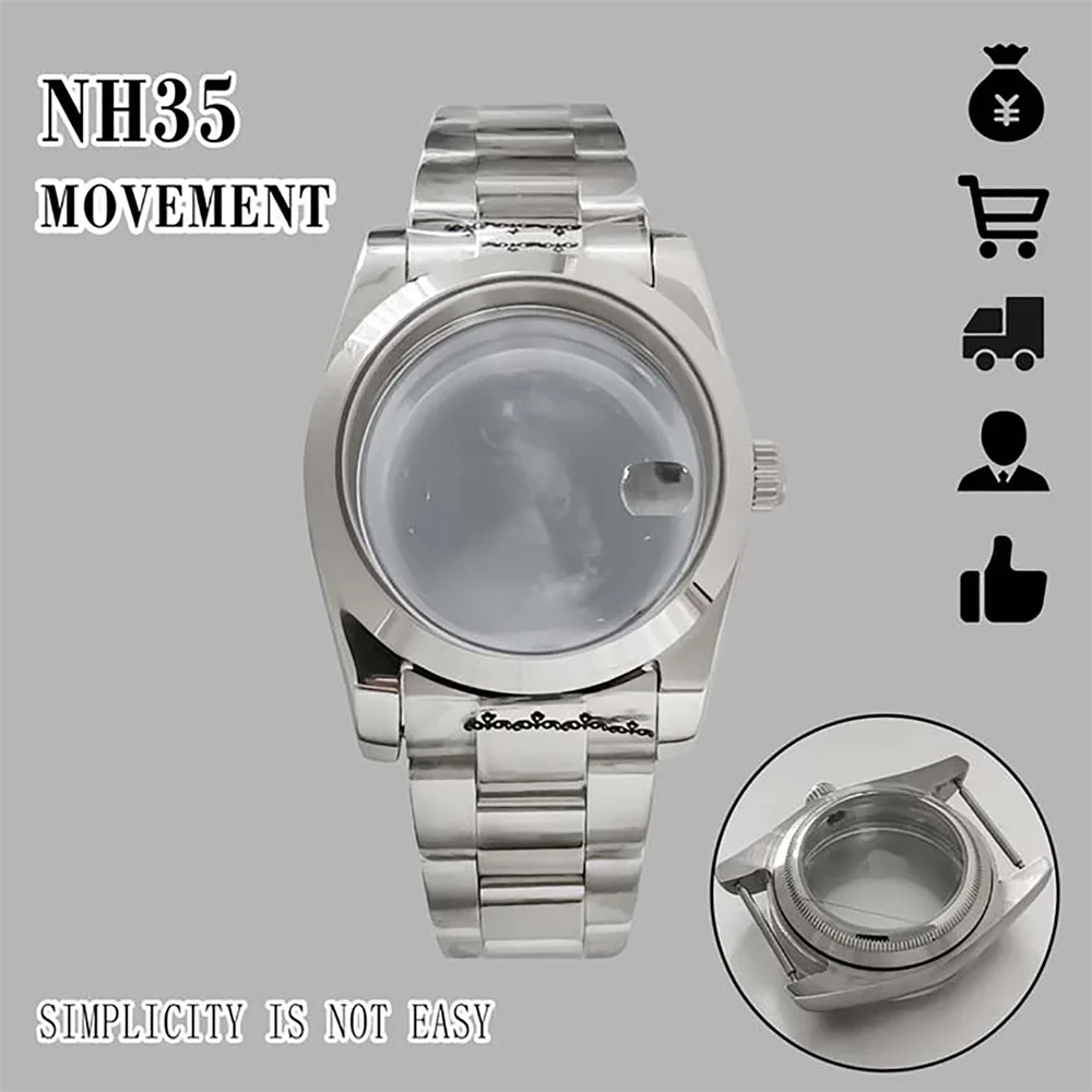 36mm Oyster Perpetual Watch Case Jubilee Band Sapphire Glass Magnifier for NH35/36 Movement Datejust Steel Shell