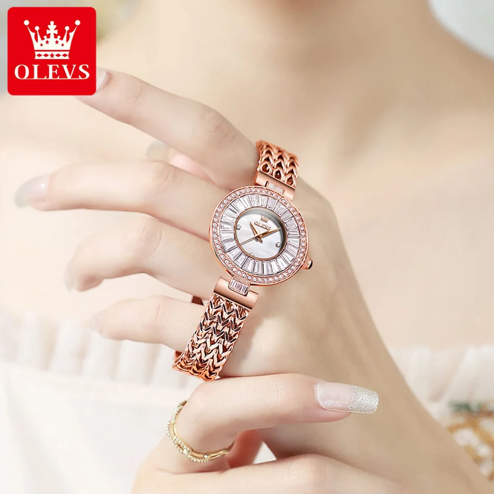 OLEVS 9959 ساعة نسائية موضة أصلية ساعات بعقارب اللؤلؤ للنساء مقاوم للماء مصباح من الفولاذ المقاوم للصدأ هدية نسائية فاخرة Reloj