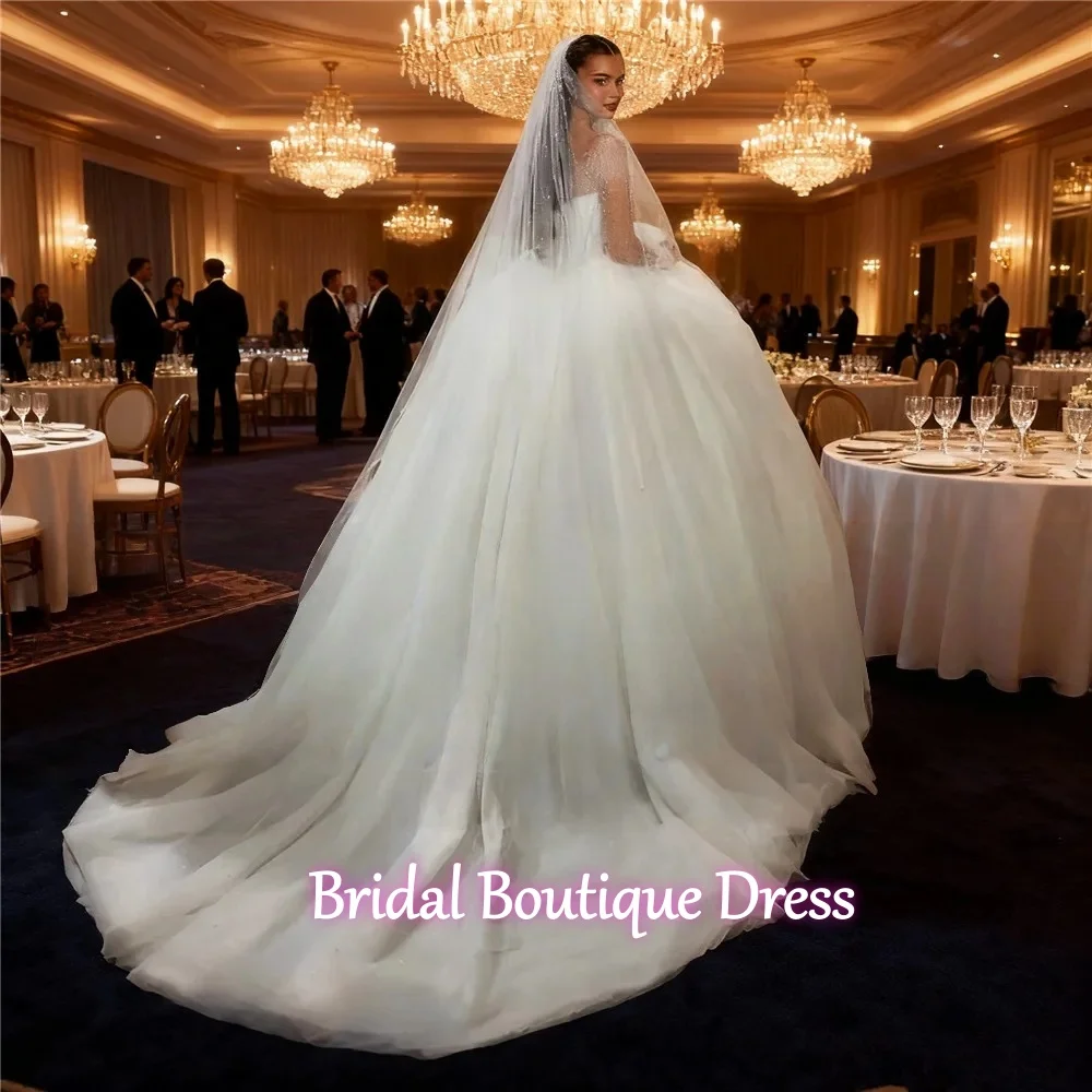 Customized Exquisite Ball Gown Wedding Dresses Full Sleeves Glitter Tulle Pearls Beaded     Bridal Gowns vestidos de novia