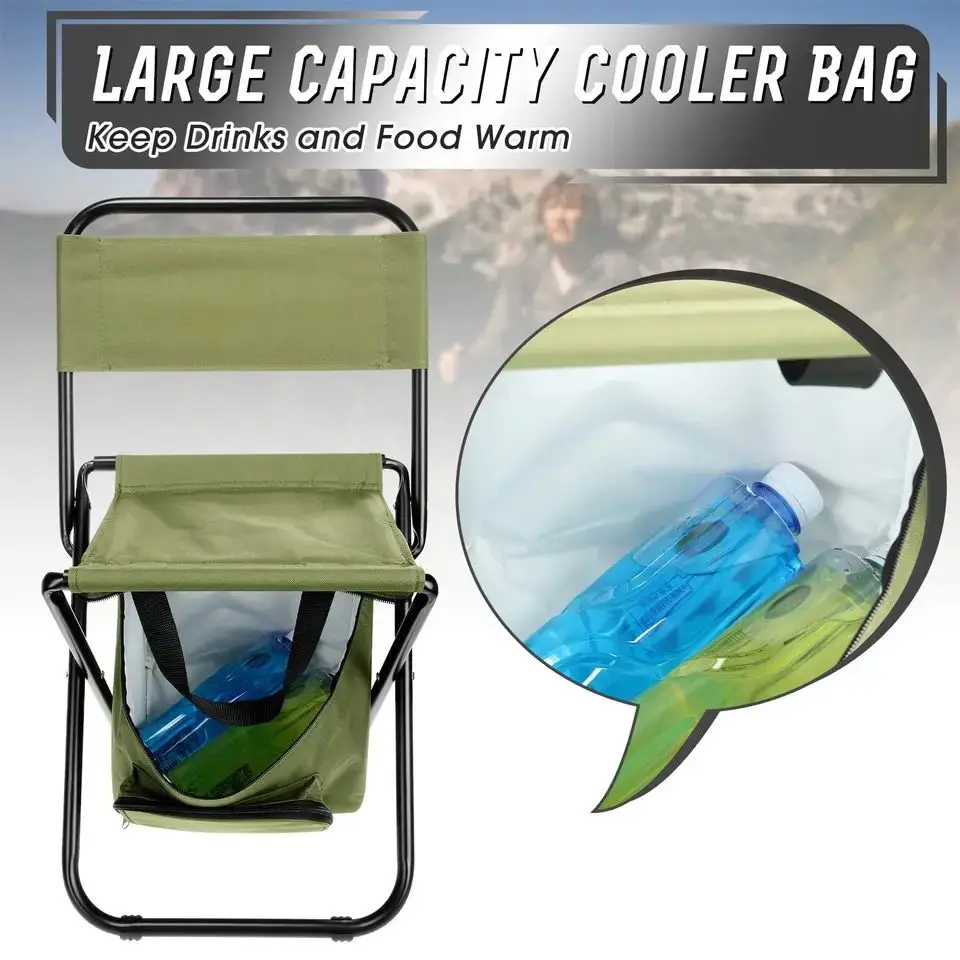 2Pcs Foldable Fishing Chair with Cooler Bag Portable Backrest Lightweight Outdoor Folding Chair