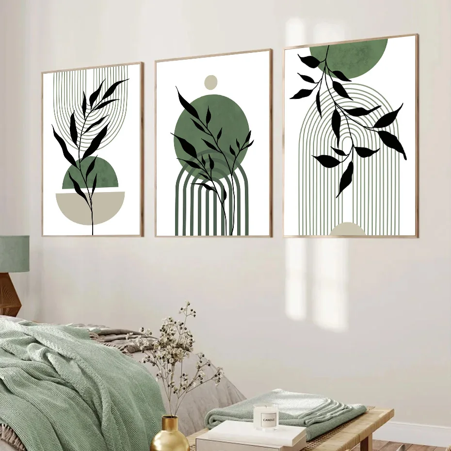 

Modern Green Boho Wall Poster Abstract Geometry Line Canvas Painting Plants Leaf Art Print Nordic Wall Pictures Bedroom Decor