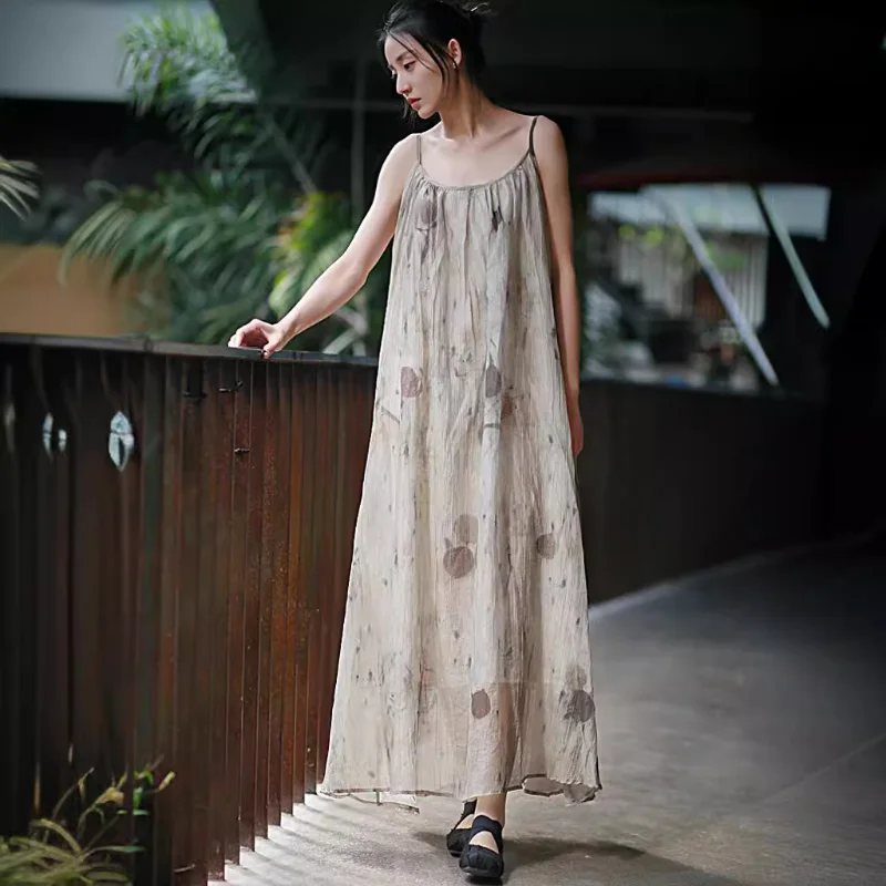 2025 Spring/Summer New Large Swing Skirt with Leaf Dyeing, Plant Dyeing, Tencel Wrinkle Strap Skirt, Clear Cold Wind Skirt