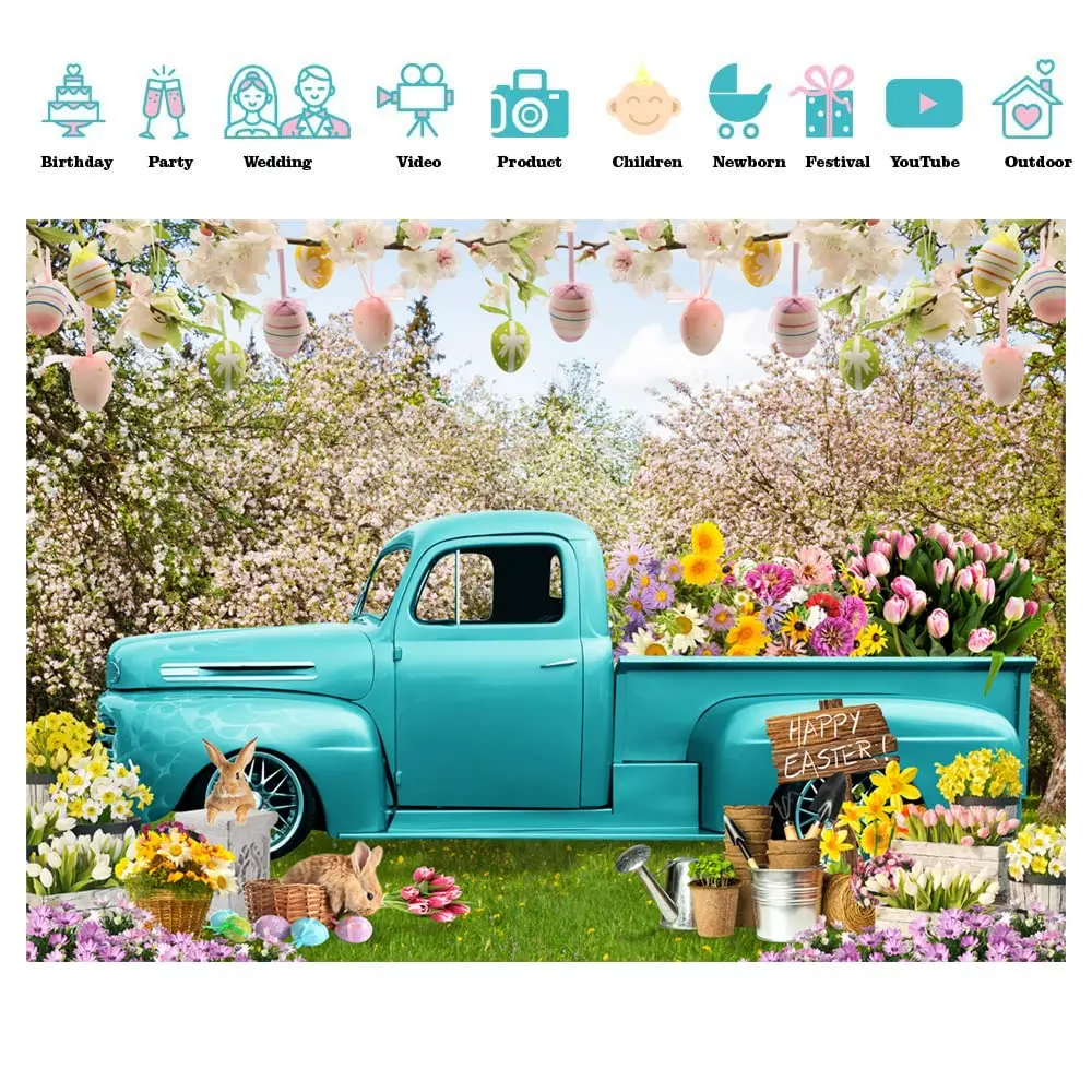 Spring Garden Happy Easter Day Background Wooden Window Fence Rabbits Butterfly Backdrop Eggs Flowers Photo Studio Props HP-01