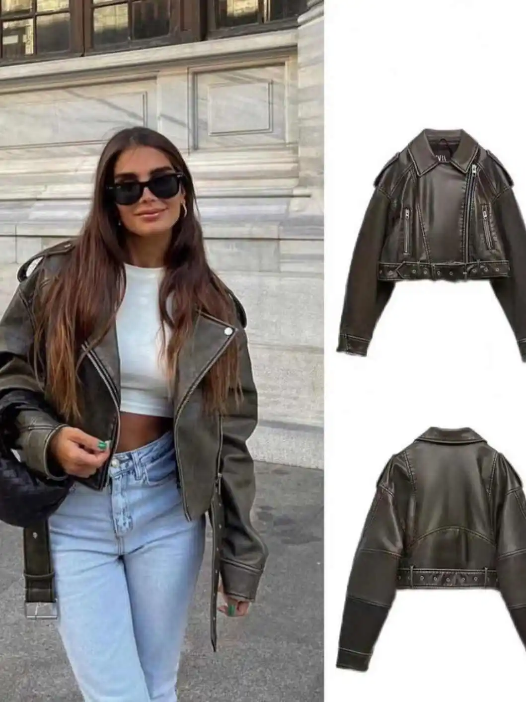 

Retro Vintage Pu Leather Short Jacket For Women'S Autumn And Winter New Style, With A Lapel Belt And Loose Motorcycle Suit