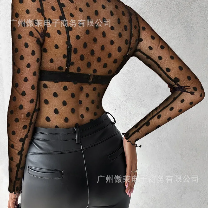 Dames Lente Zomer Polka Print Mock Neck T-shirt Sexy Sheer Mesh Slim Fit Blouse Top