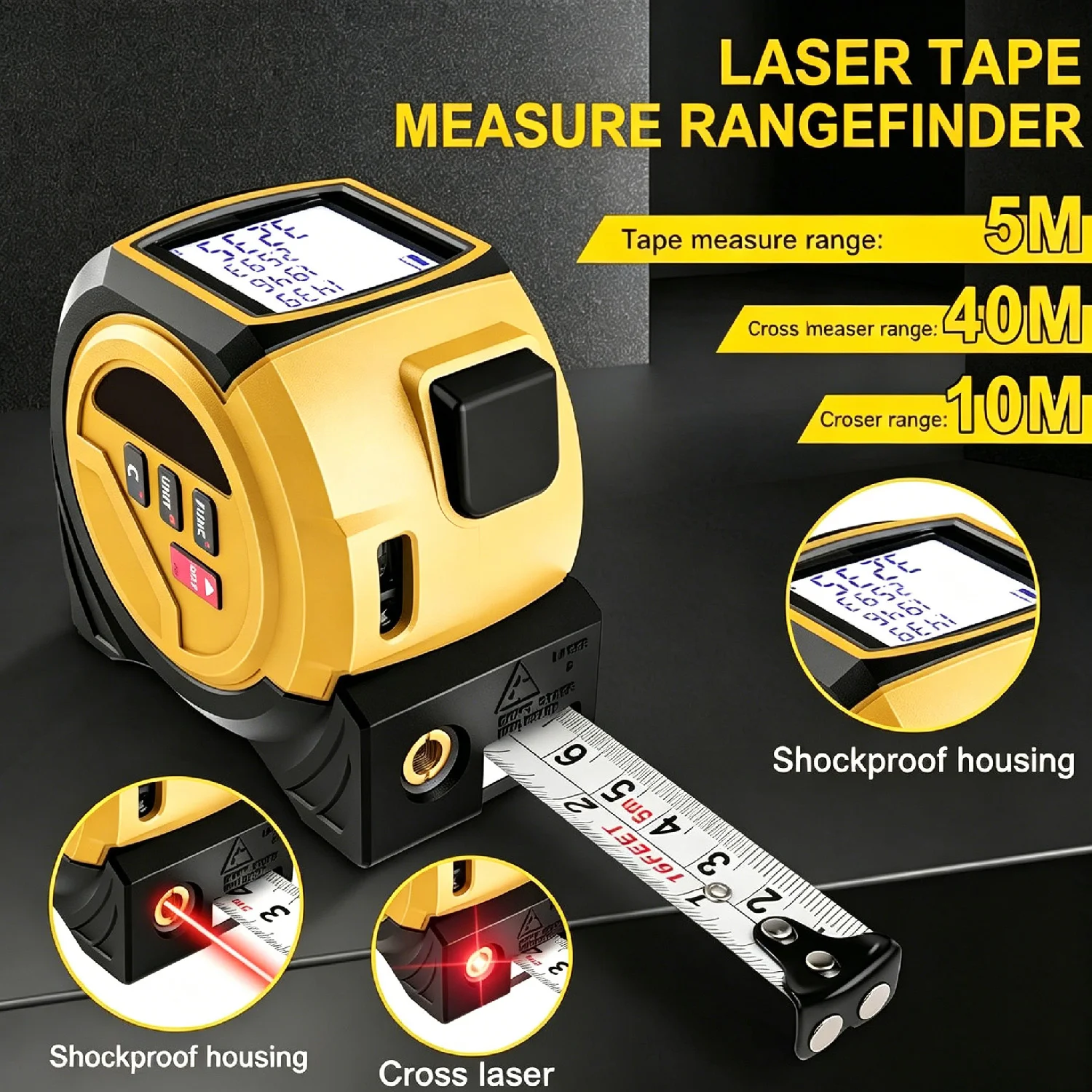 3-in-1 Laser Tape Measure, 40m Laser Rangefinder + 5m Tape, Multi-Mode M/in/Ft, for Pythagorean, Distance, Area & Volume view 5