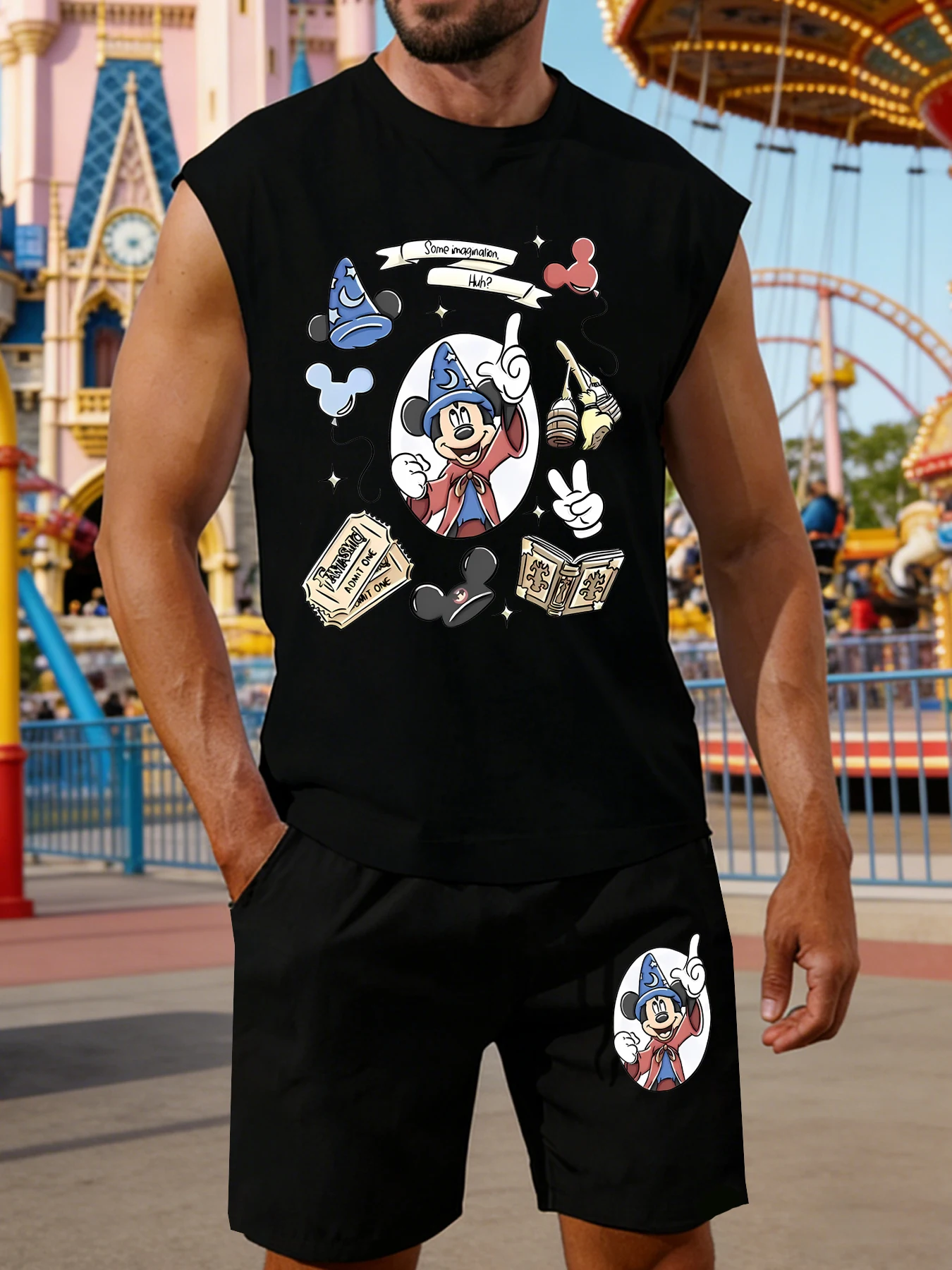 

Men's Mickey Print Sleeveless Tank Top and Shorts Set Casual Summer Outfit for Daily Outings and Sports