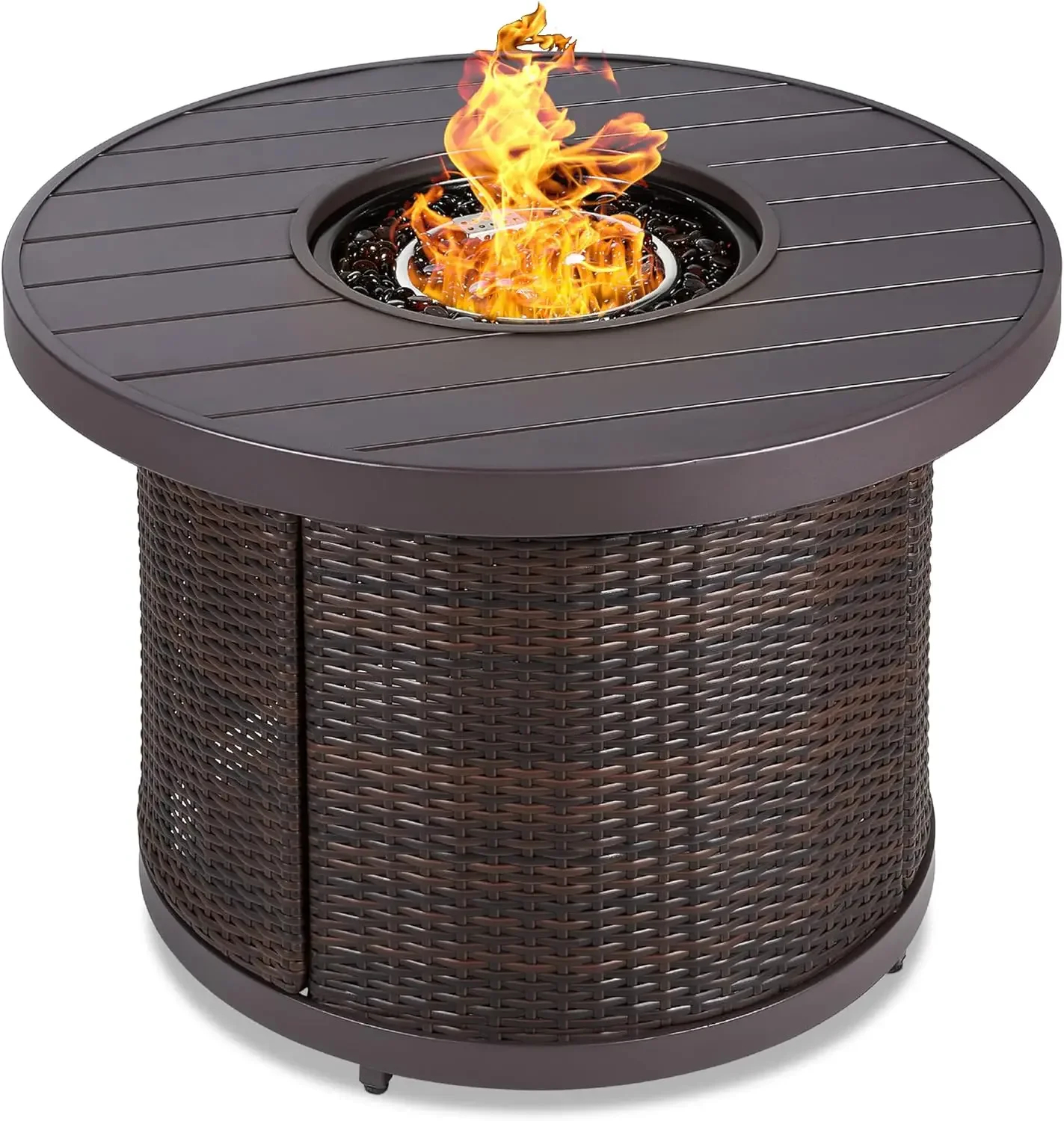 32in Round Gas Fire Pit Table, 50,000 BTU Outdoor Wicker Patio Propane Firepit w/Faux Wood Table Top, Glass Beads, Cover