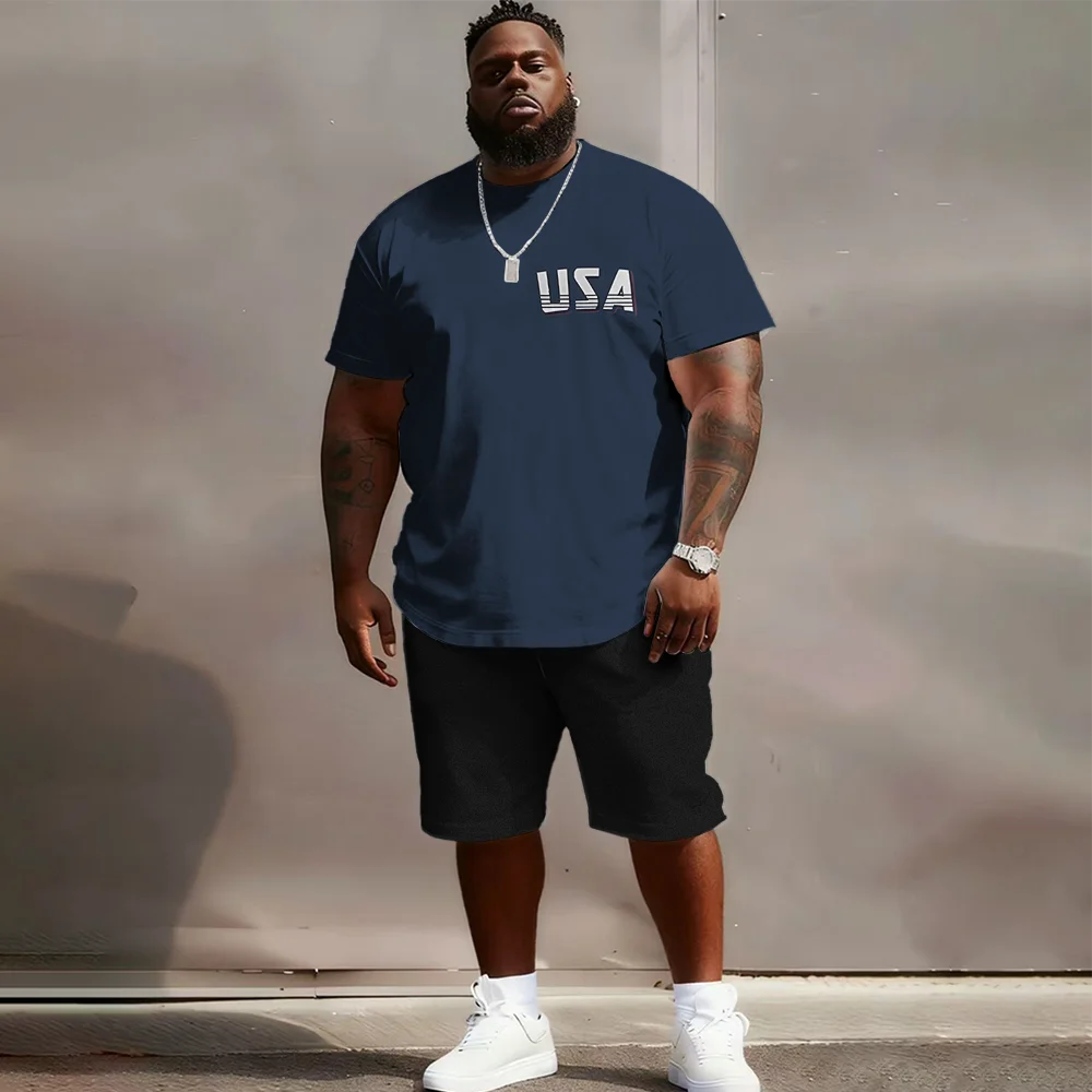 

S-9xl Большой и высокий комплект с короткими рукавами больших размеров (Элемент флага): — Прочный легкий материал, Стильные детали с принтом флага,