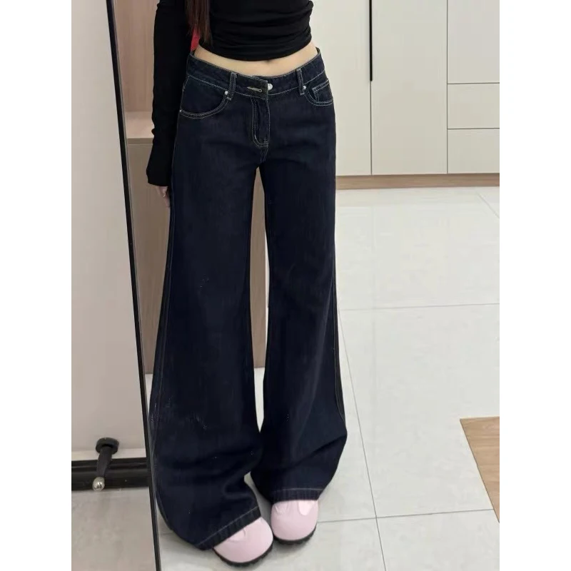 ZHIZOU レディース ローライズ フレア ジーンズ 原宿系 日本風 ヴィンテージ ギャル デニムパンツ アビ Y2K ベルボトム ハイストリート ダークブルー ジーンズ