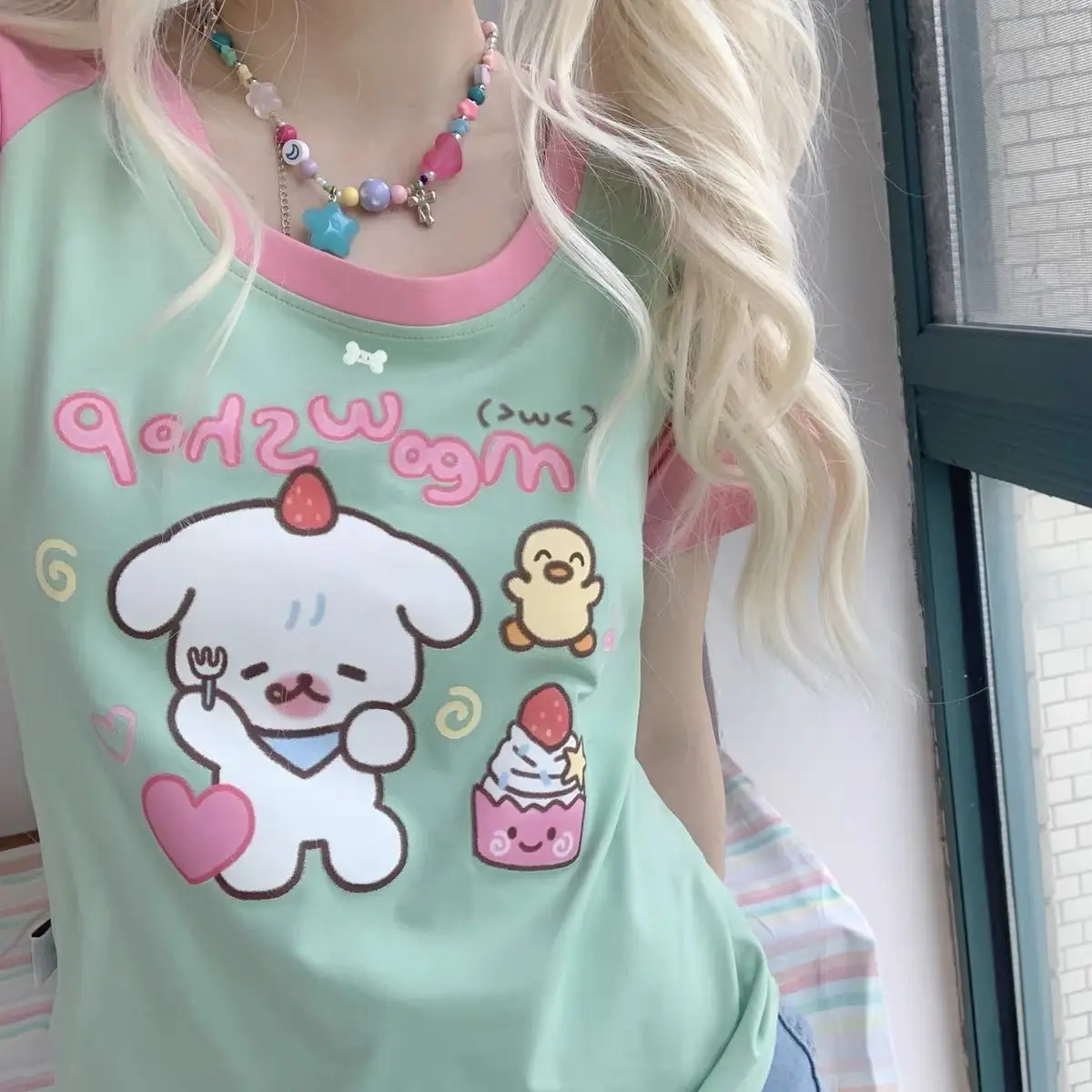 Y2k Harajuku Patchwork T Shirts Women Japanese E-girl Kawaii Sweet Cartoon Print Loose Tee Tops Summer Green Pink Grunge Clothes