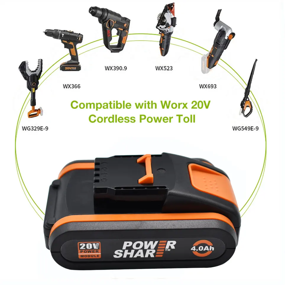 Worx 20V Lithium battery 4.0Ah Rechargeable WA3551 WA3553 WA3553.1 WA3570 for All WORX Electric and Garden Tools