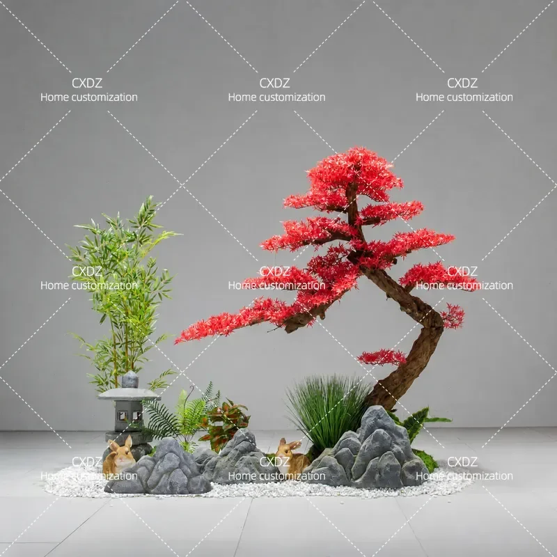Large Artificial Red Maple Tree Fake Chicken Feet Maple Indoor Landscape Decoration for Window Staircase New Chinese Style