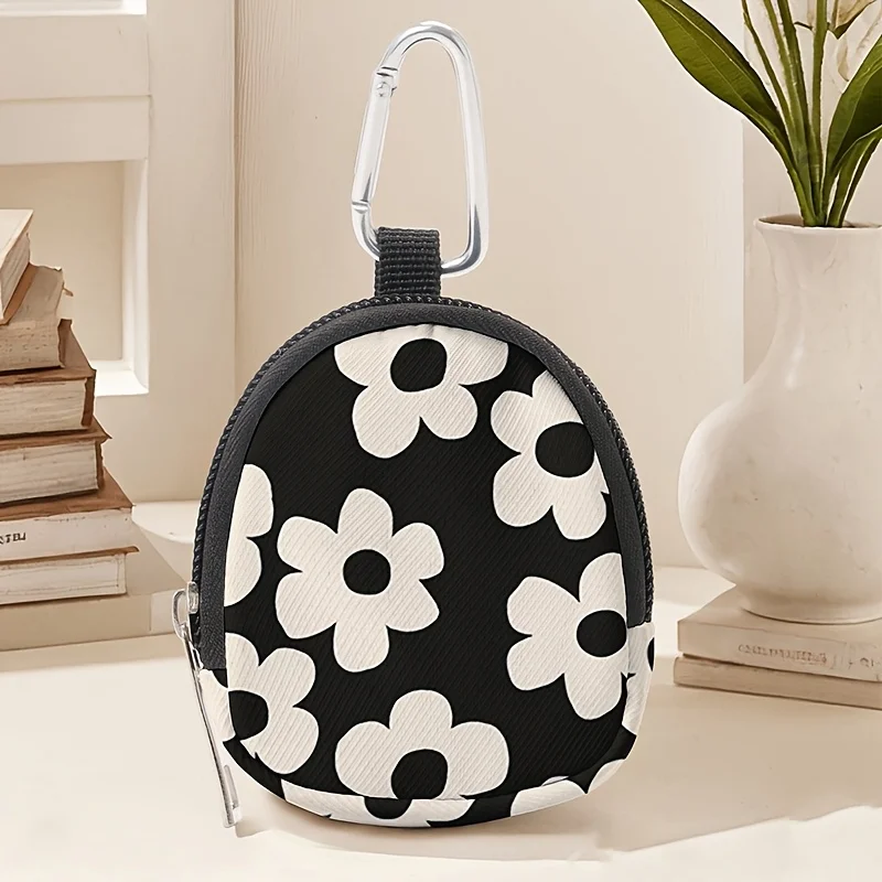 กระเป๋าสตางค์ขนาดเล็กพิมพ์ลายดอกไม้สีขาว 1 ชิ้น กระเป๋าใส่เหรียญซิปน้ำหนักเบา พร้อมคลิปหนีบและกระเป๋าใส่กุญแจหูฟัง