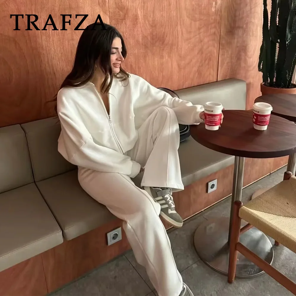 TRAFZA 2024 Autumn Winter Women Casual Solid Straight Suits Fashion Vintage Zipper O Neck Jackets+Elastic Waist Wide Leg Pants