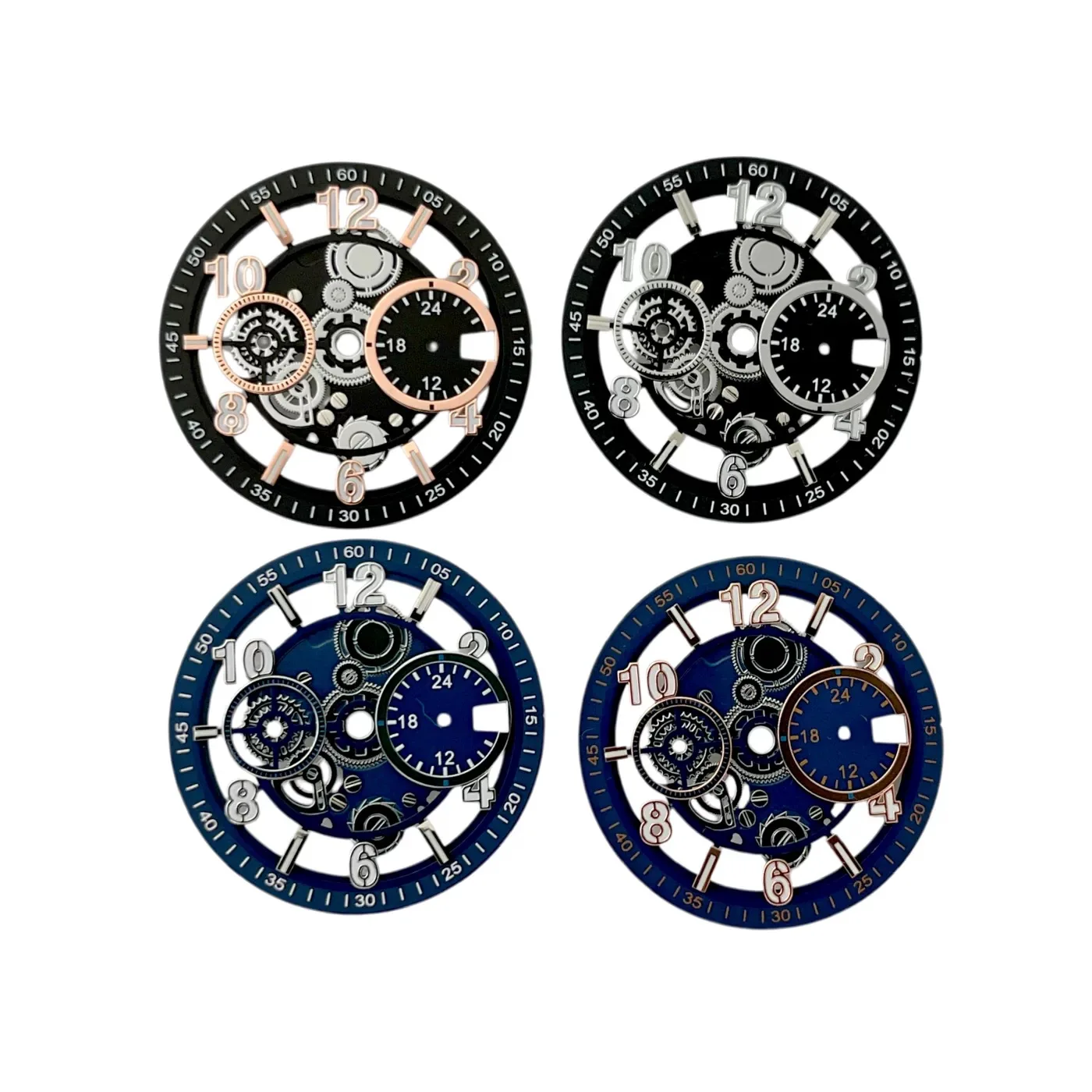VK64 32.5mm Skeleton Gear Chronograph Watch Dial Oversized Arabic Numerals Dual Subdials Green Lume DIY Mod Parts