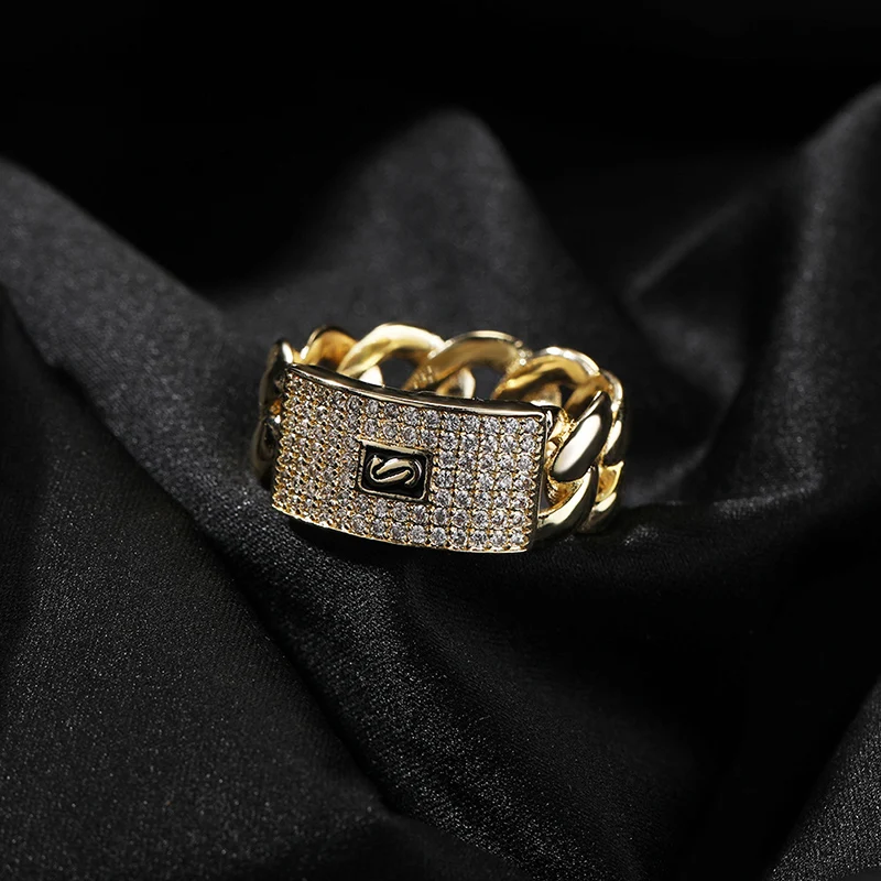Hip Hop Rapper 5A+ CZ Stone Paved Bling Ice Out Cuban Chain Logo Finger Rings for Men Jewelry Gold Color Drop Shipping