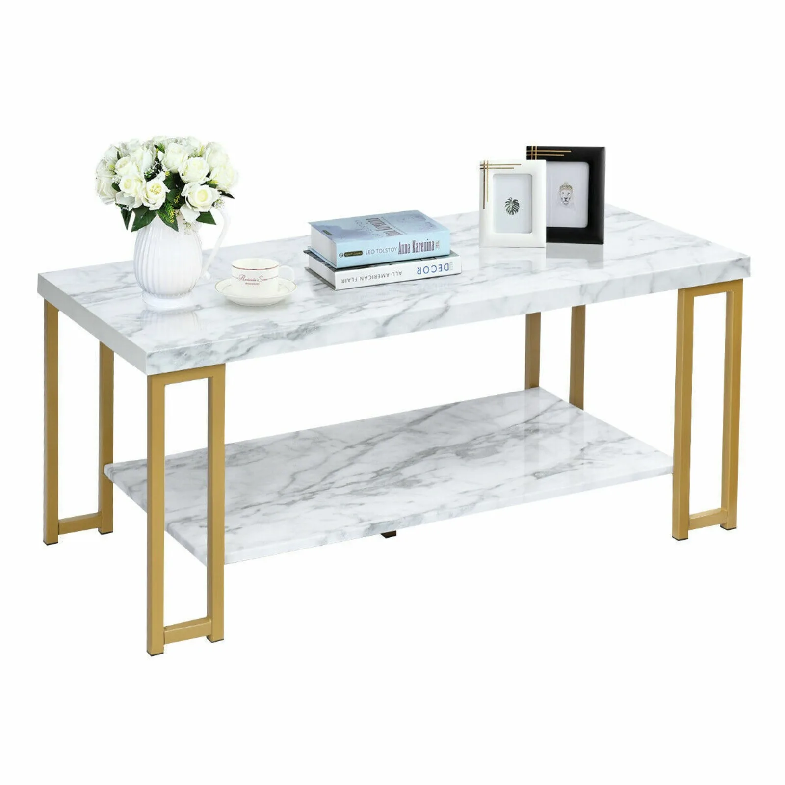 

US Modern Coffee Table Faux Marble Top Accent Cocktail Table w/ Gold Metal Frame