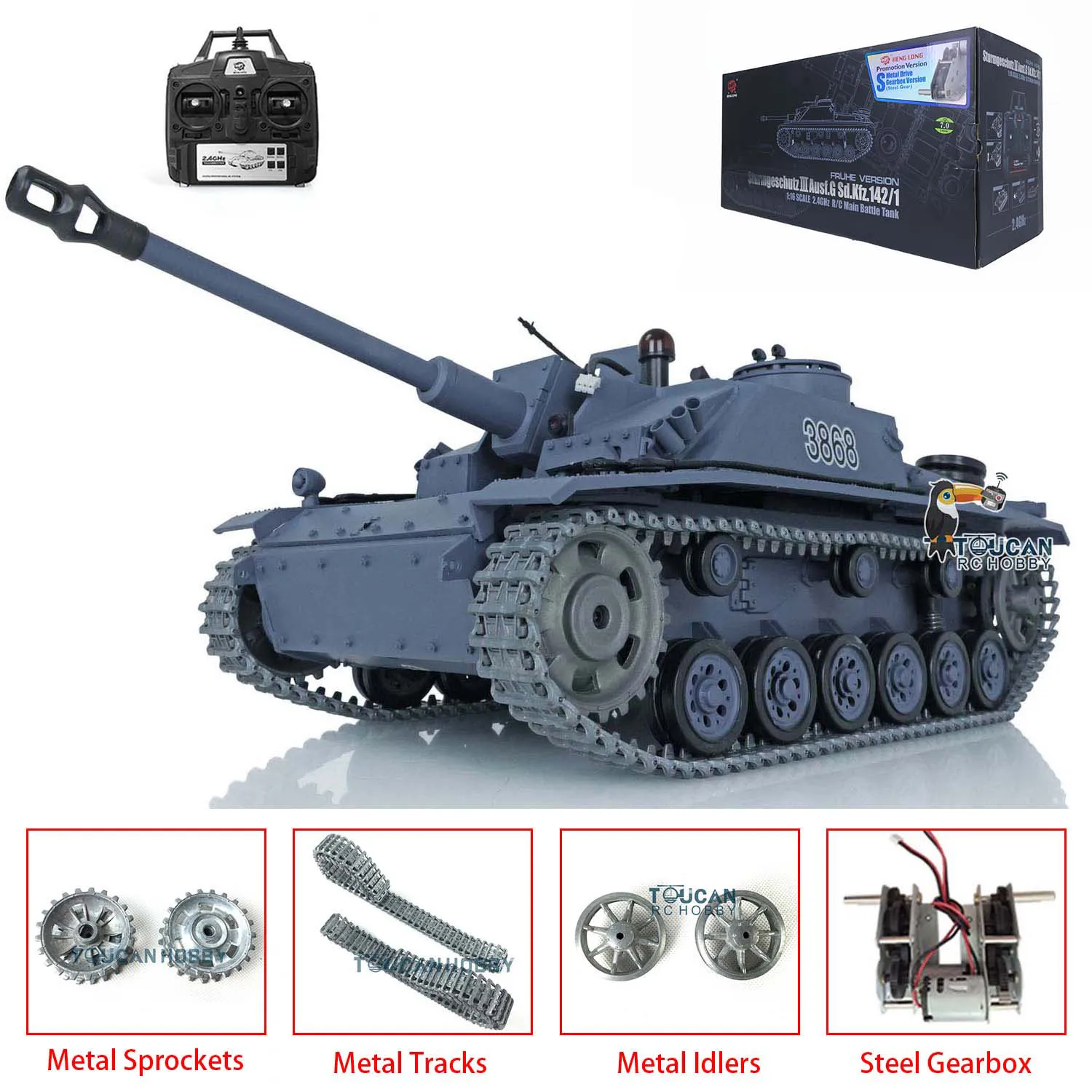 Heng long jadpanther stug iiiタンク、金属トラック、ギアボックスホイール、オハシのおもちゃ、7.0アップグレードされたタンク、rtr rc、3869、3868、1:16