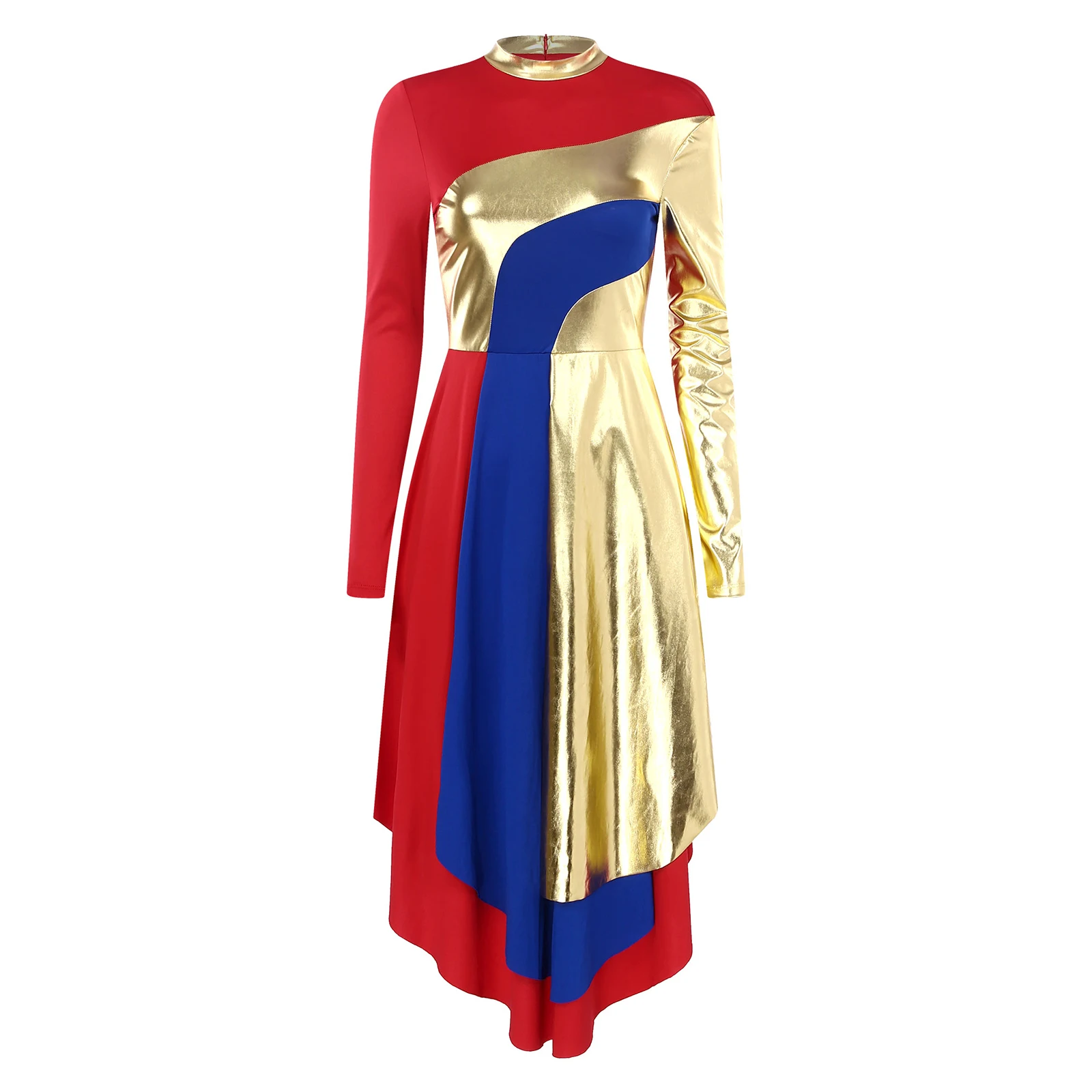 Damen Metallic Farb block hoch niedrig Lob Tanz kleid Langarm Kirche liturgische Anbetung Kostüm lyrische Tanz kleidung