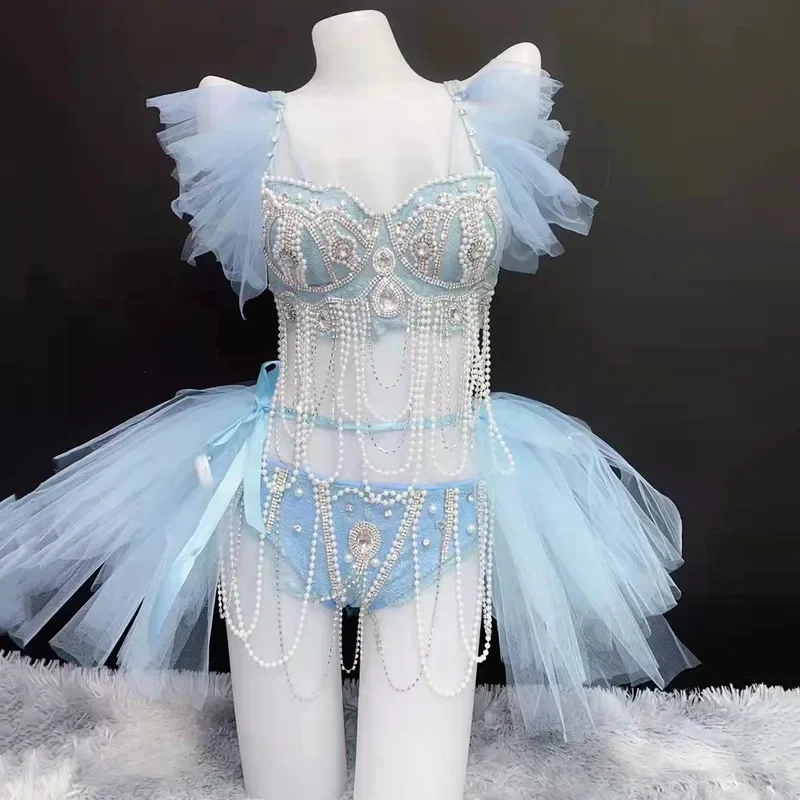 

Luxury Birthday Gift Bar Nightclub Blue Bikini Pole Dance Costume Women Sexy Show Stage Wear Pearl Rhinestones Bra